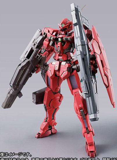 「METAL BUILD ガンダムアストレア TYPE-F」。フィンスターニスはTYPE-Fを複製、量産したという設定。商品としてはカラーを一新、オリジナル装備を盛り込んだ仕様となっている