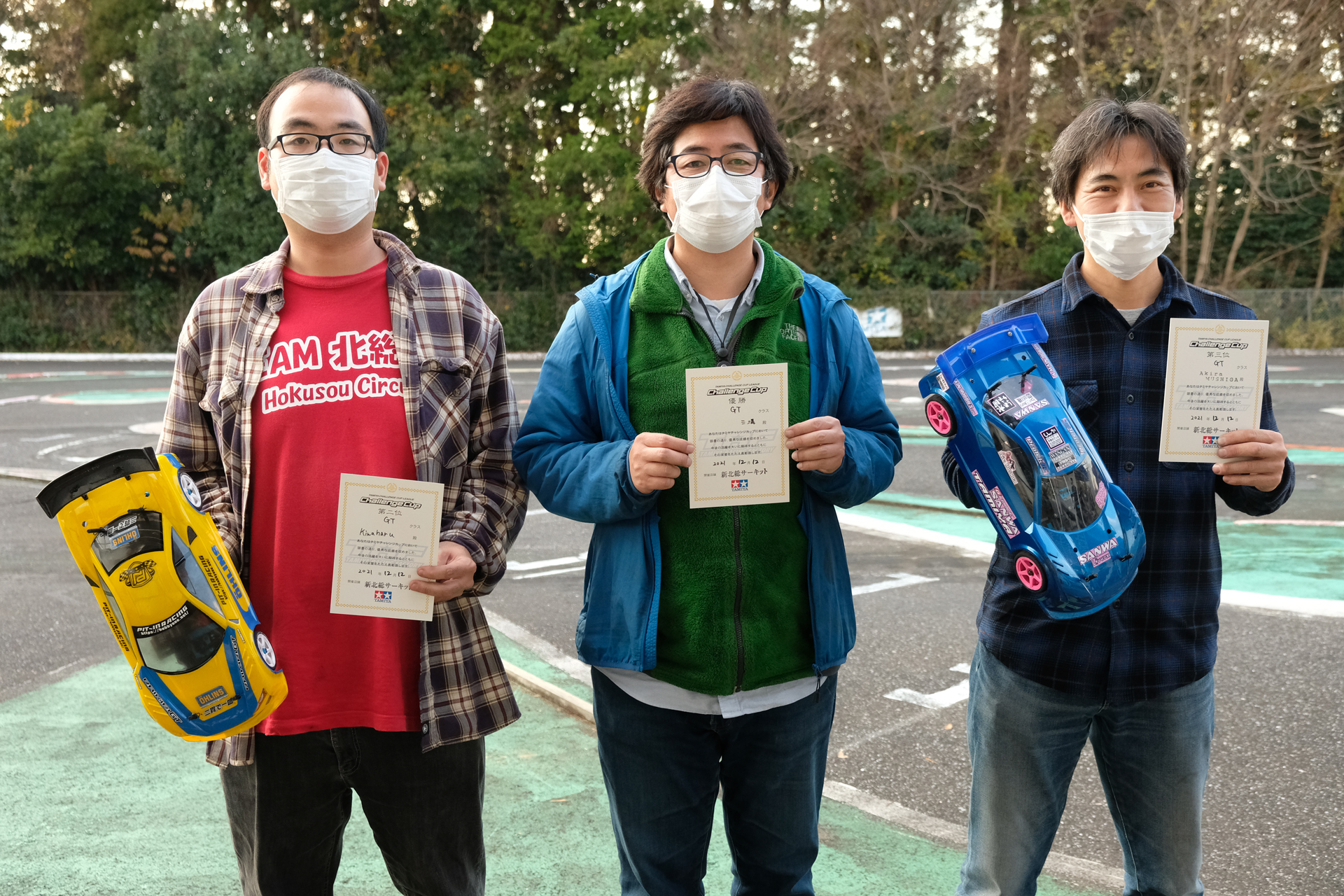 タミチャレGTクラス 決勝表彰台、1位ミツミゾさん、2位キワメンさん、3位ムシガさん