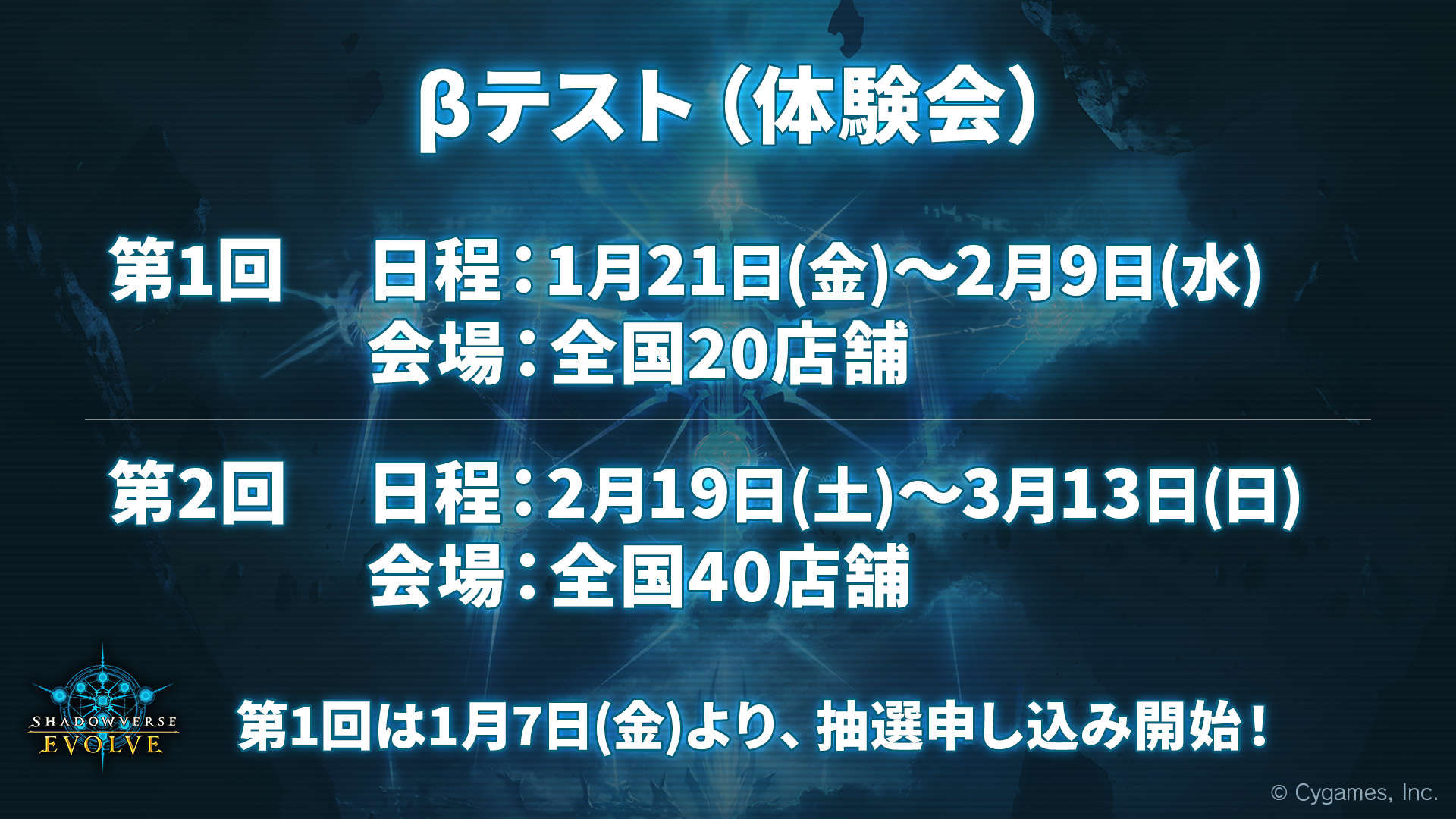 まず、発売前のβテスト（体験会）が1月21日～2月9日までの第1回と、2月19日～3月13日までの第2回の2回に分けて行われる。会場は第1回が全国20店舗、第2回が全国40店舗であり、第1回の抽選申し込みは1月7日に開始される