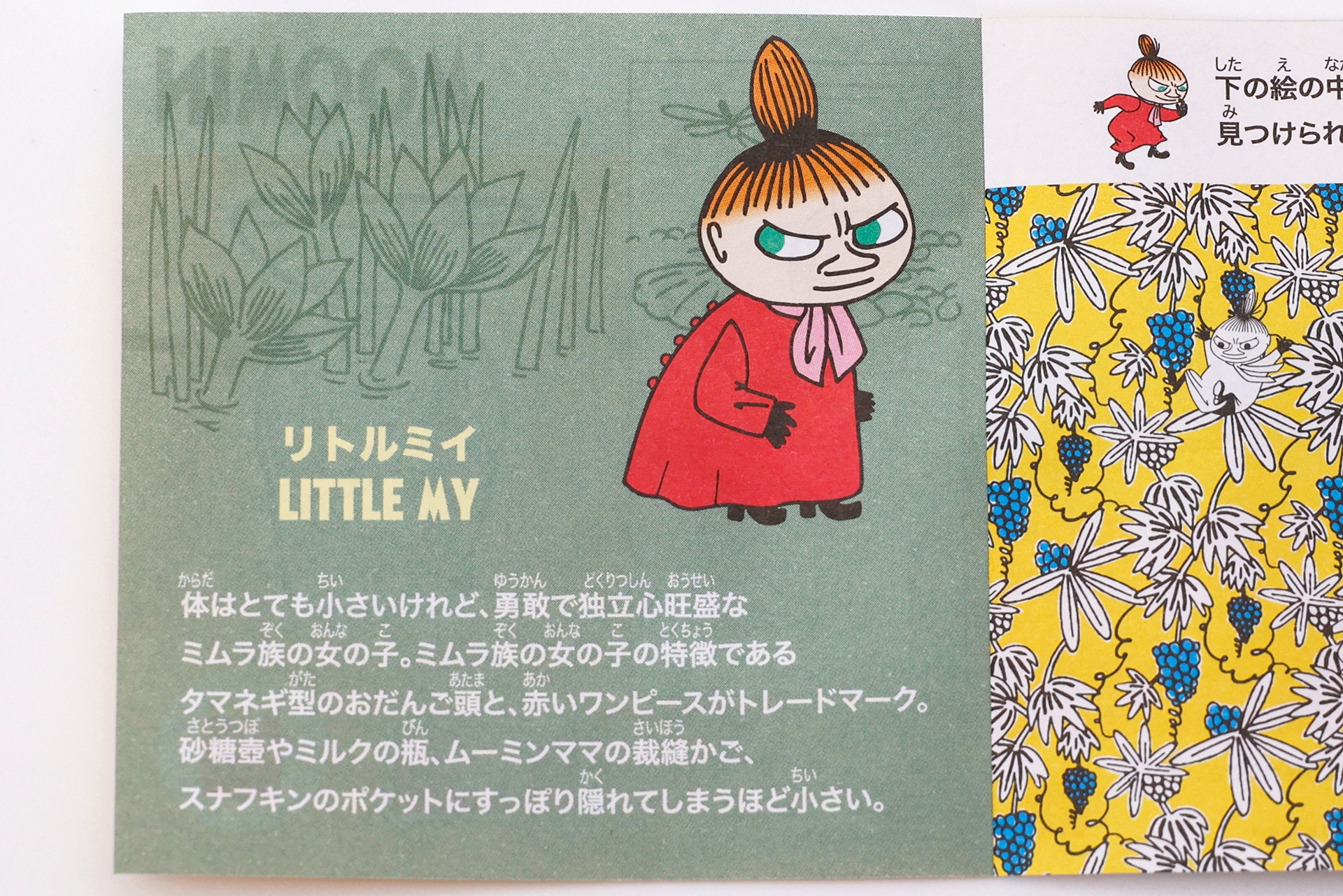 同梱されている冊子には、リトルミイのプロフィールが書かれているほか、絵の中に隠れているリトルミイを見つけ出すクイズにも挑戦することができる