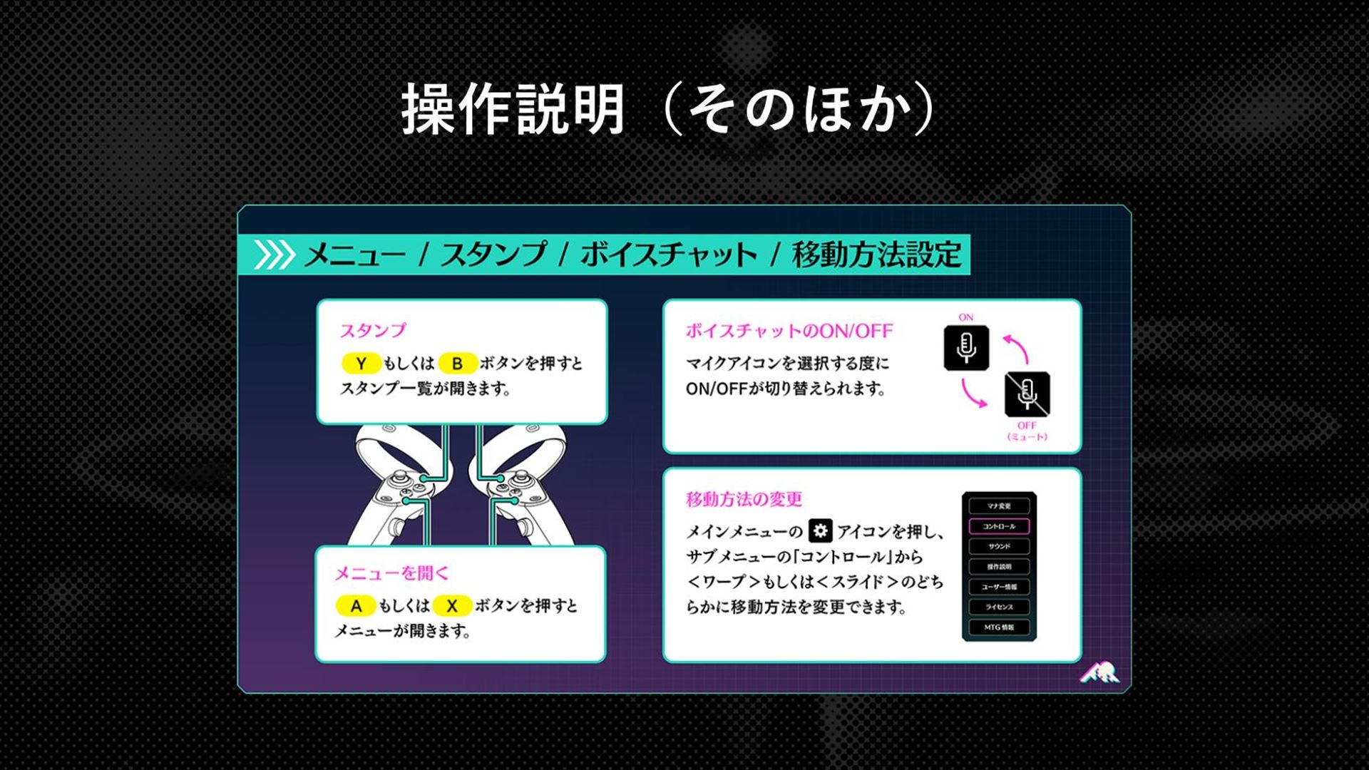 YボタンかBボタンでスタンプ一覧が開き、AボタンかXボタンでメニューが開く