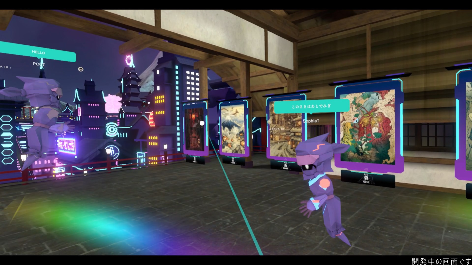 TOWASHI エリアA「世界」の様子。清水の舞台をイメージした展示空間に浮世絵タッチの土地アートが並んでいる