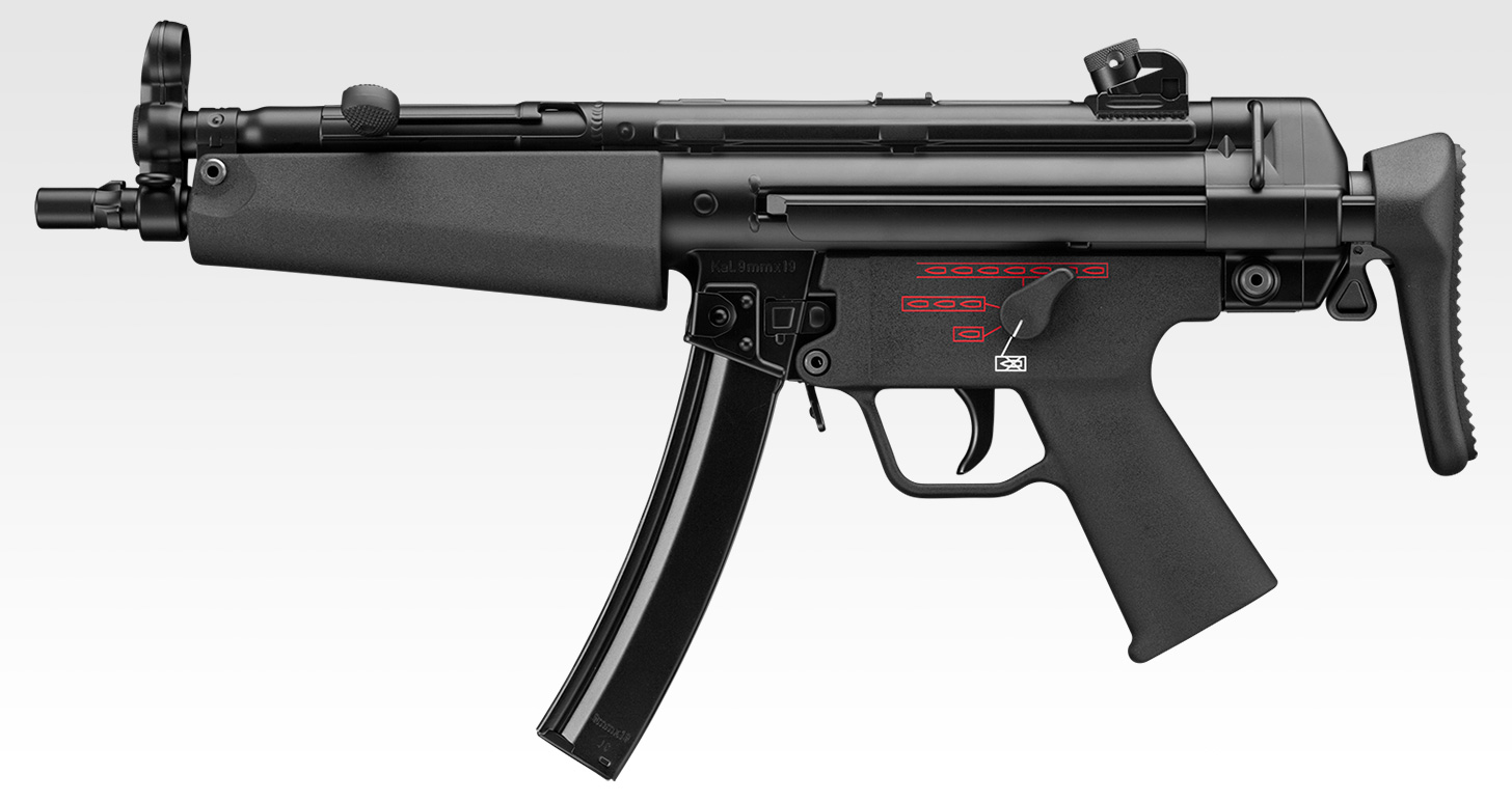 東京マルイの「次世代電動ガン MP5A1」は、実銃採寸、重さも実銃に近い。樹脂部分は実銃に使われた樹脂を科学的に分析しその手触りまで再現している。1990年代の工場で生産されていた質感を再現、銃本体の外装の上部、「アッパーレシーバー」も鉄をプレスした"プレス製造"の雰囲気を忠実に再現している。実射性能だけでなく、銃の模型としてのモデルガン的アプローチも非常に高いレベルで実現している