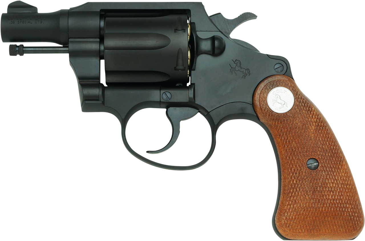 画像はタナカの「COLT ディテクティブ・スペシャル 2inch HW モデルガン」。赤丸部分の銃身のシルエットがはっきり違う一方、サムピースの形状はそっくり。馬のマークはコルトの刻印だ