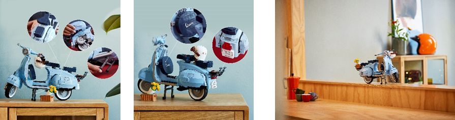 カゴの中の花束やスペアホイール、取り外し可能なエンジンカバー、エンジン、キックスタンド、動くステアリングなど、実車同様に美しいディテールと洗練されたデザインを再現できる