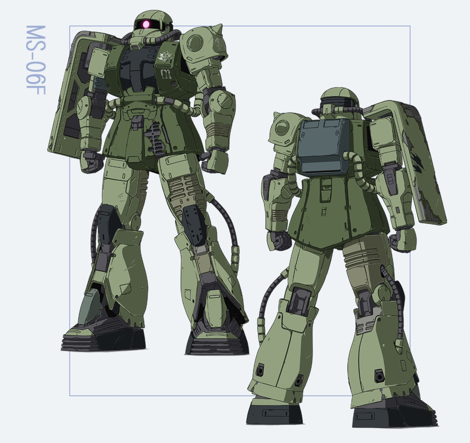 公開されたドアン専用ザクのデザイン。「頭部が細長い」、「手足がスマート」、「動力パイプが細い」など、第15話の作画によって描かれた"設定画とバランスが異なるザク"をドアンが応急処置を施しながら使っているためという解釈でリデザインしている