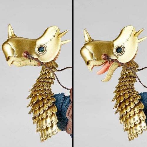 発売中の「タケヤ式自在置物　トルメキア装甲兵 ヴ王親衛隊Ver.」と組み合わせることが可能。付属の腰部ジョイントパーツに換装することで、騎乗させることもできる