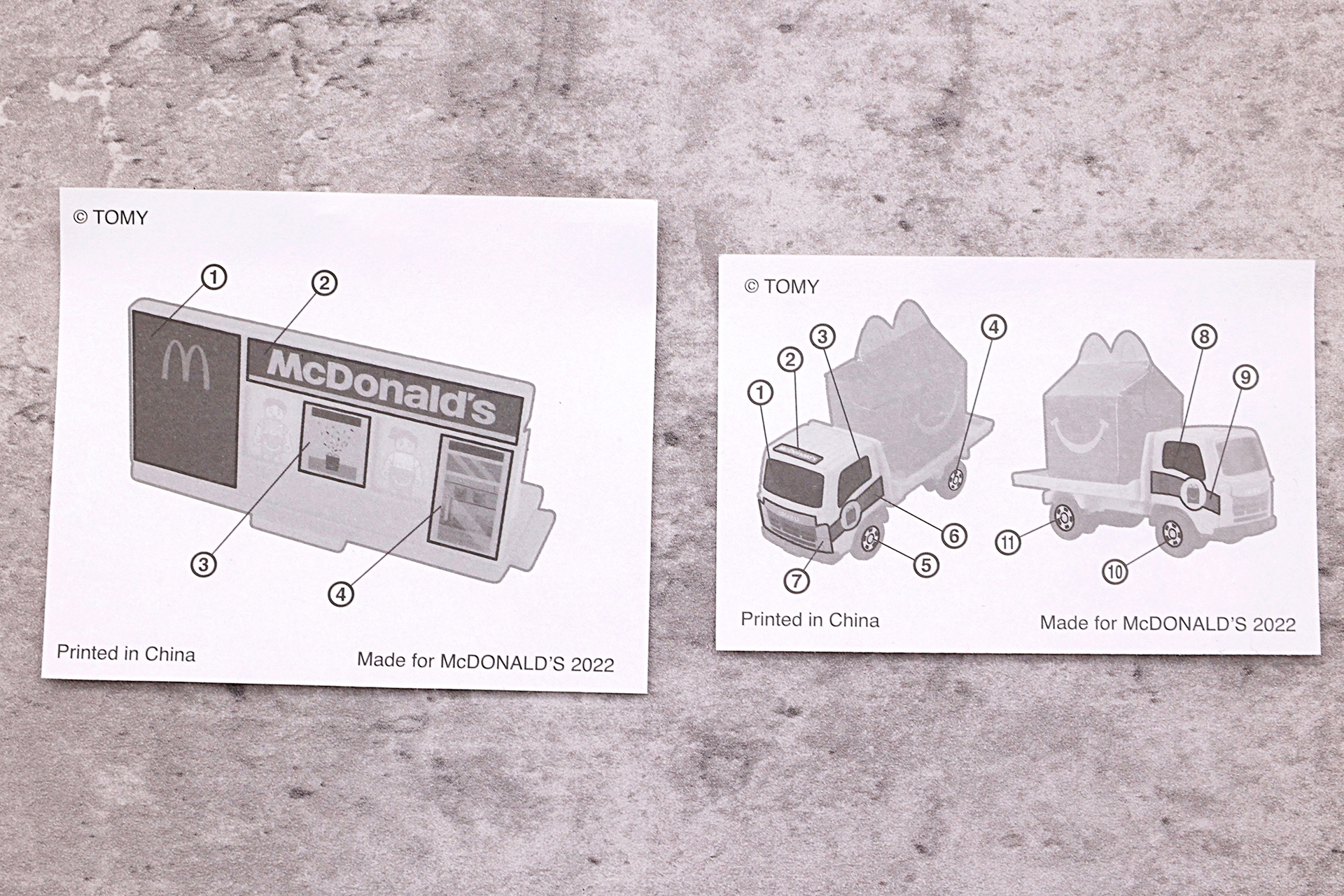 付属しているシールは、マクドナルドのレストランと車両運搬車にそれぞれ1枚ずつ。裏面にどこに貼ればいいか書かれている