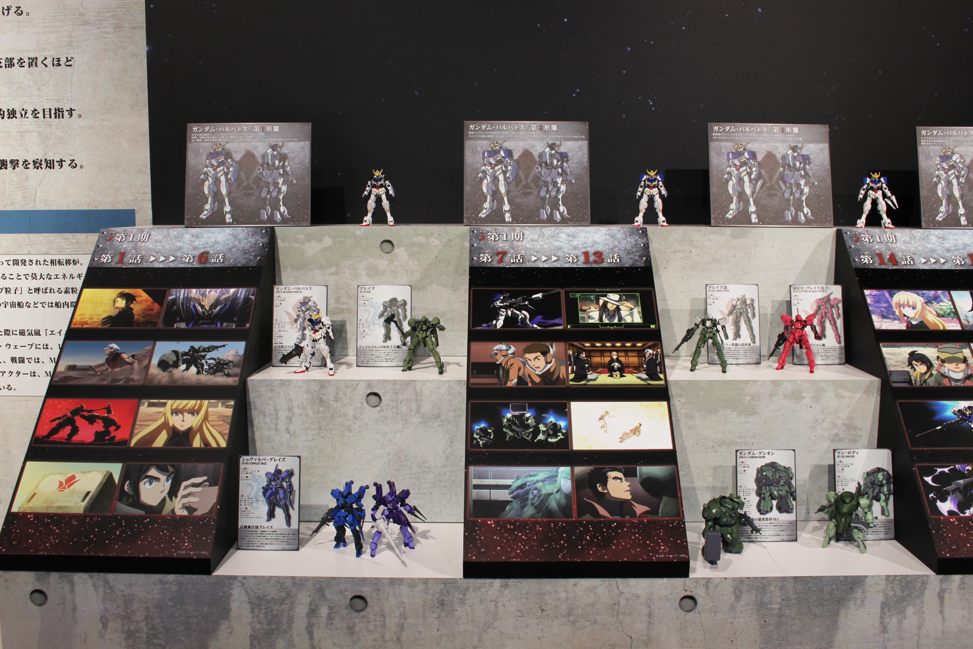 50話分のモビルスーツ50体以上が並ぶ。その最上段にはガンダム・バルバトスの系譜が綴られている