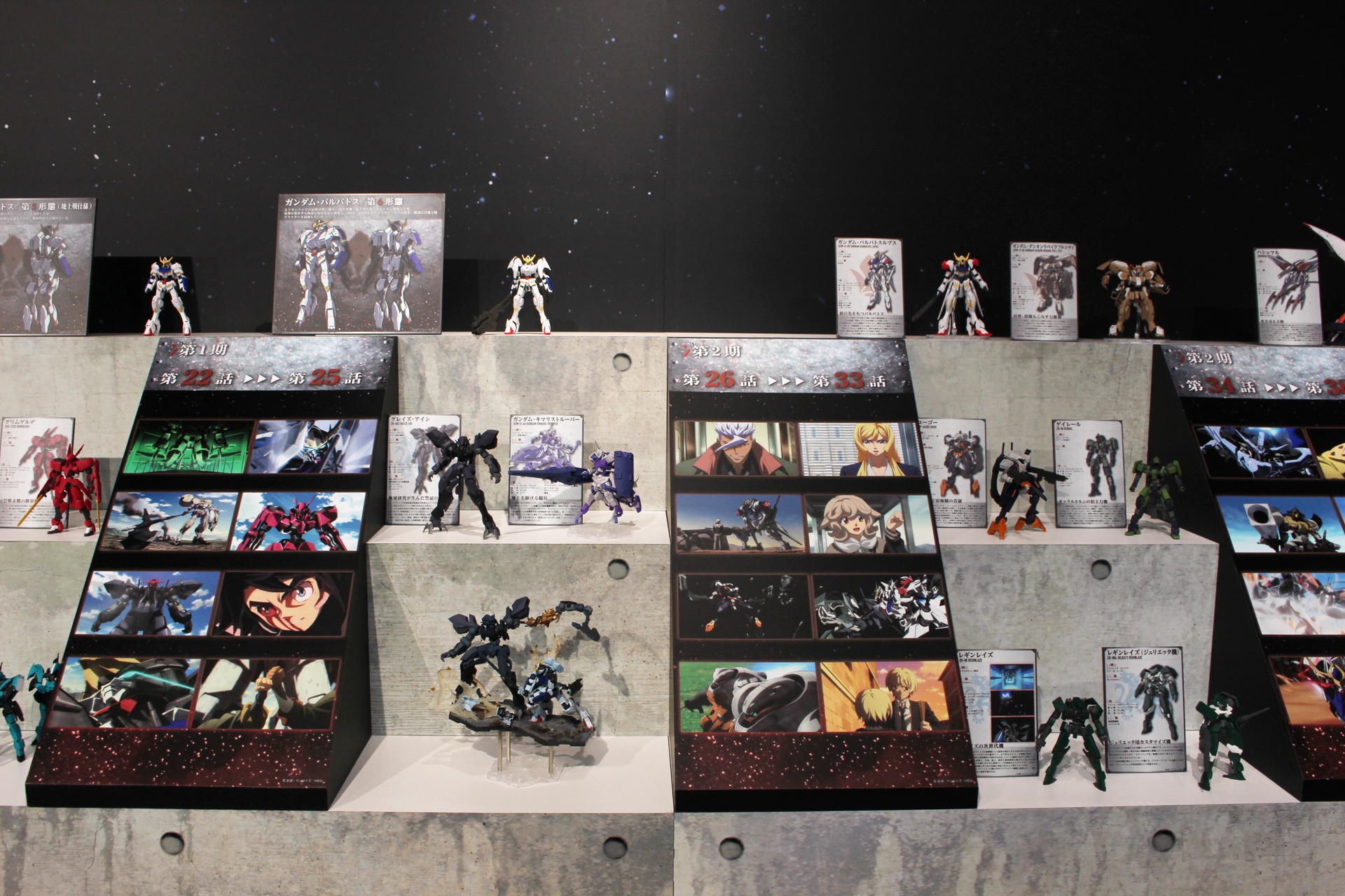 50話分のモビルスーツ50体以上が並ぶ。その最上段にはガンダム・バルバトスの系譜が綴られている
