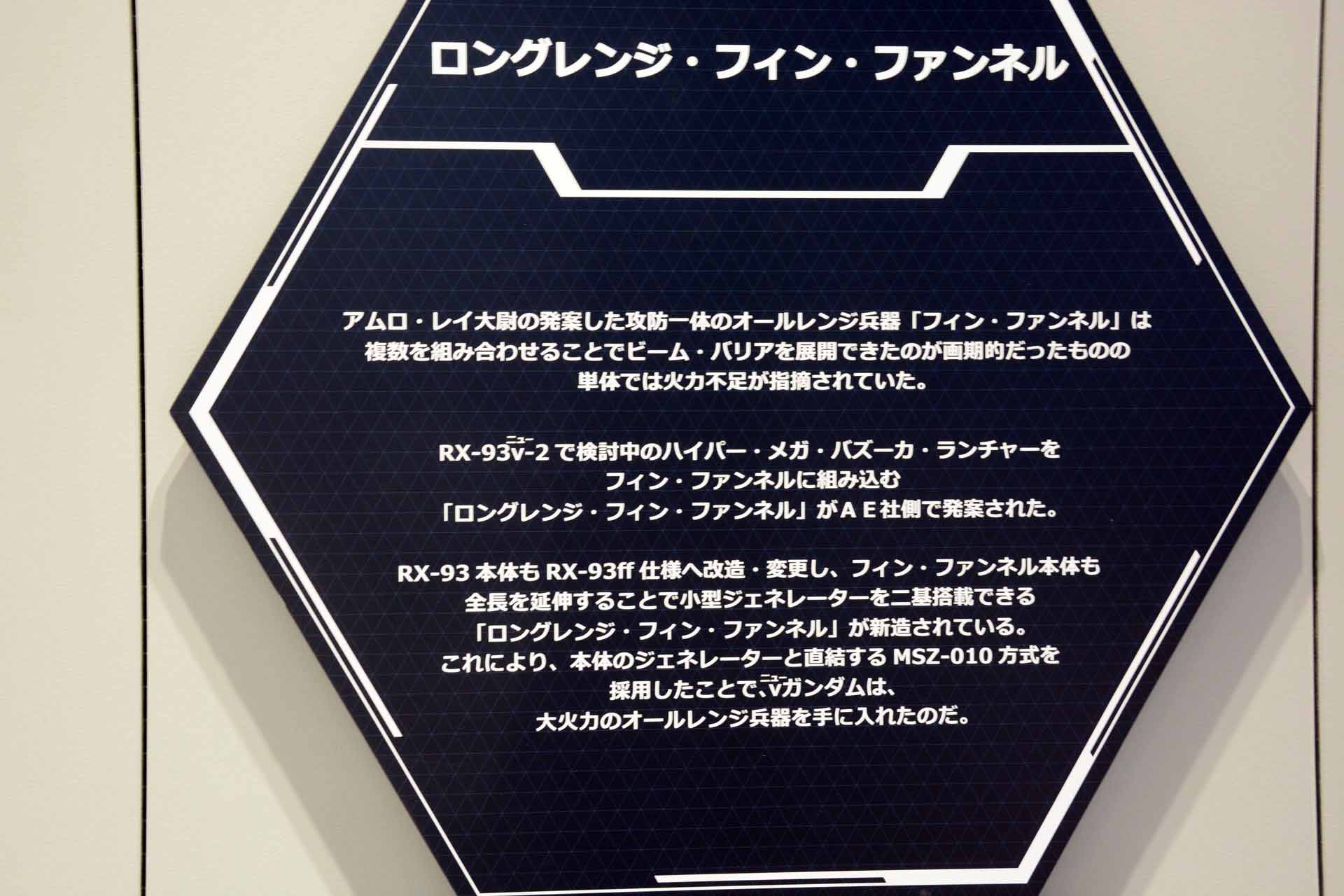 設定は、「GUNDAM SIDE-F」で見ることができる。「RX-93ff νガンダム」の細かいパーツや色分け、さらにはビデオで完成までの物語を見ることができ、一層立像に詳しくなれる