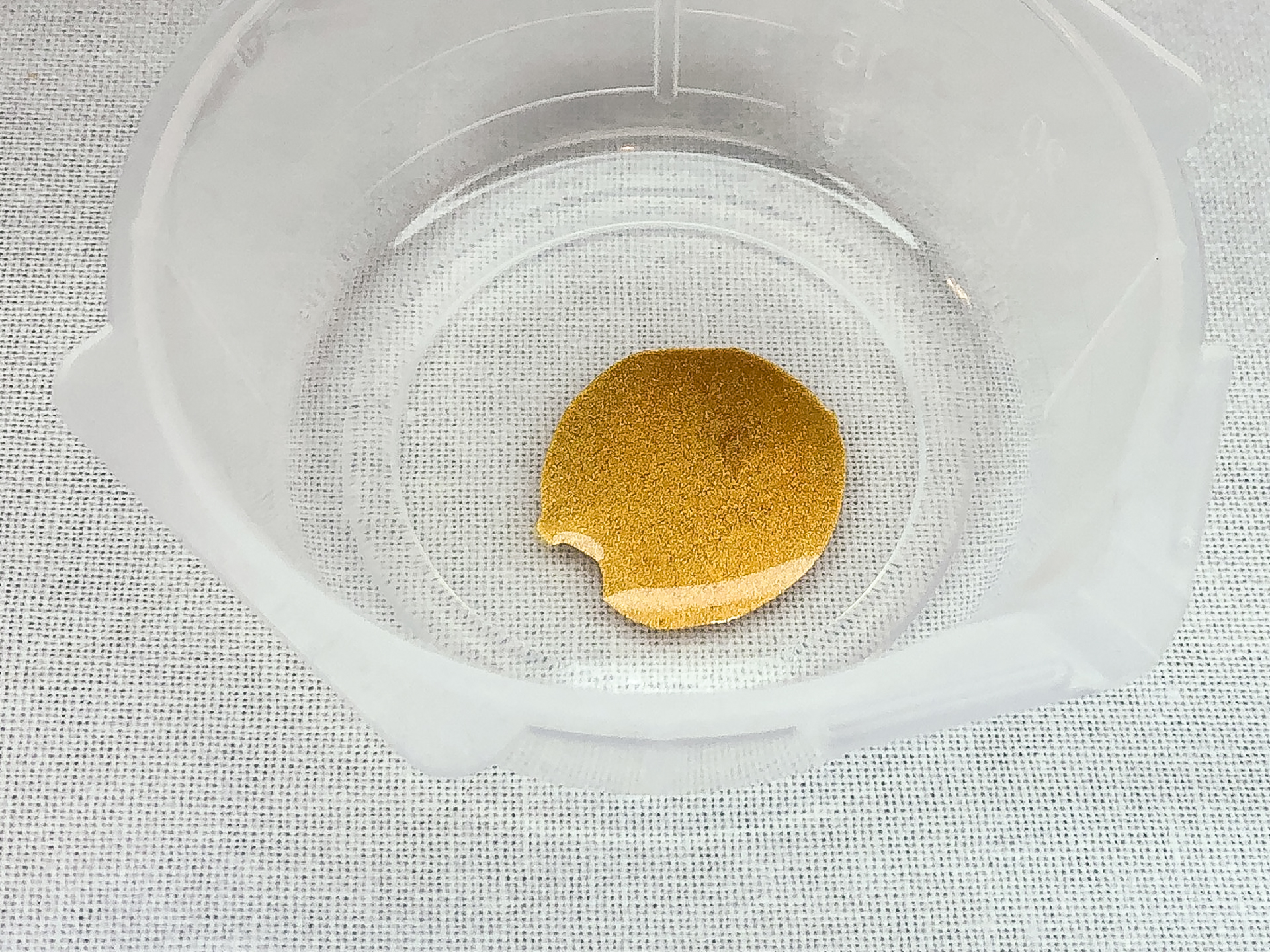 塗料皿に出した「GSIクレオス ガンダムマーカーEX イエローゴールド」のインク。このインクを筆につけて筆塗を行ないます。色味は筆塗やガンダムマーカーエアブラシシステムで塗装した場合と近い色味となっています。