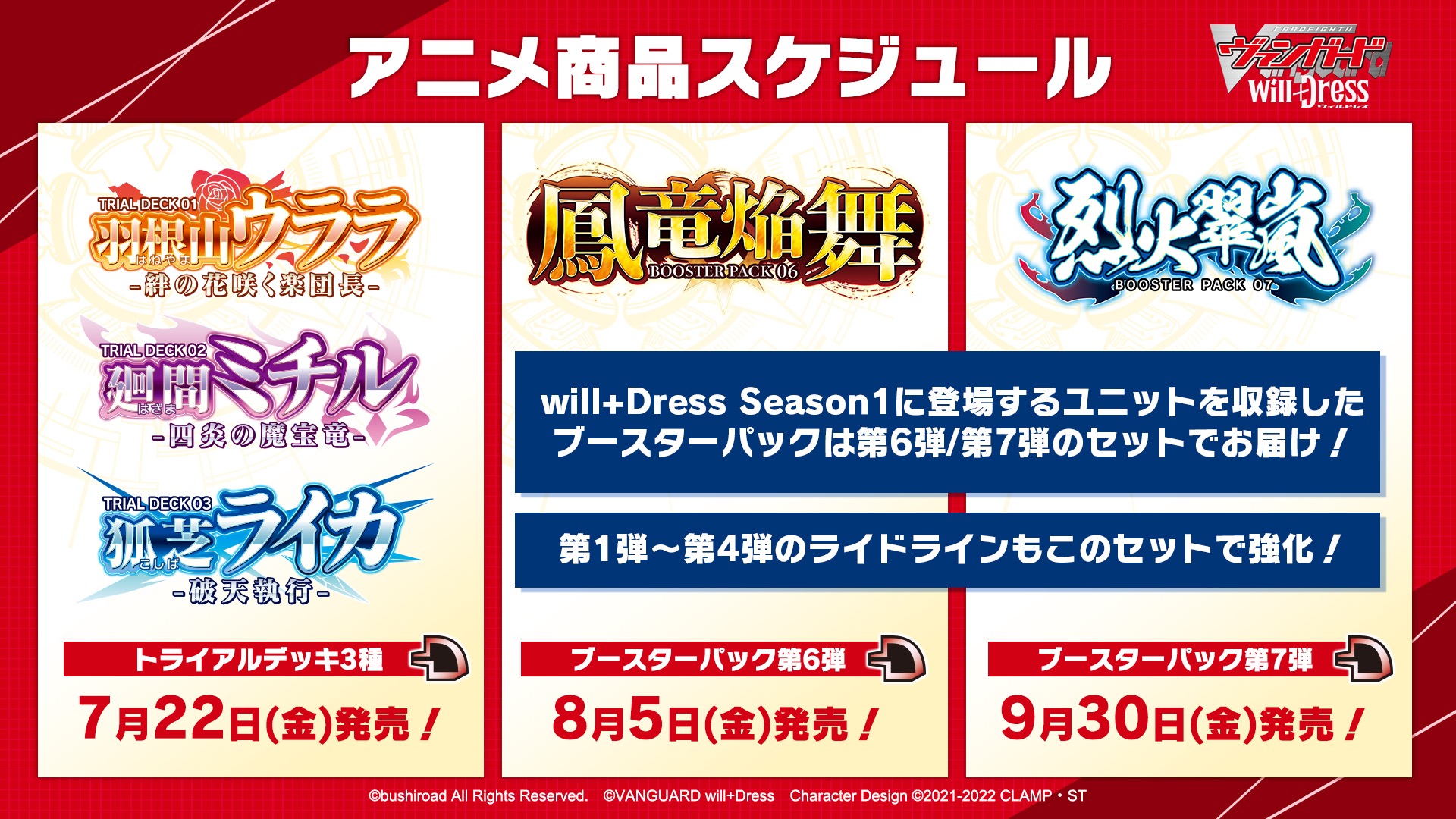 新アニメ「ヴァンガード Will＋Dress」関連の商品スケジュール。9月30日には、ブースターパック第7弾「烈火翠嵐」が発売予定