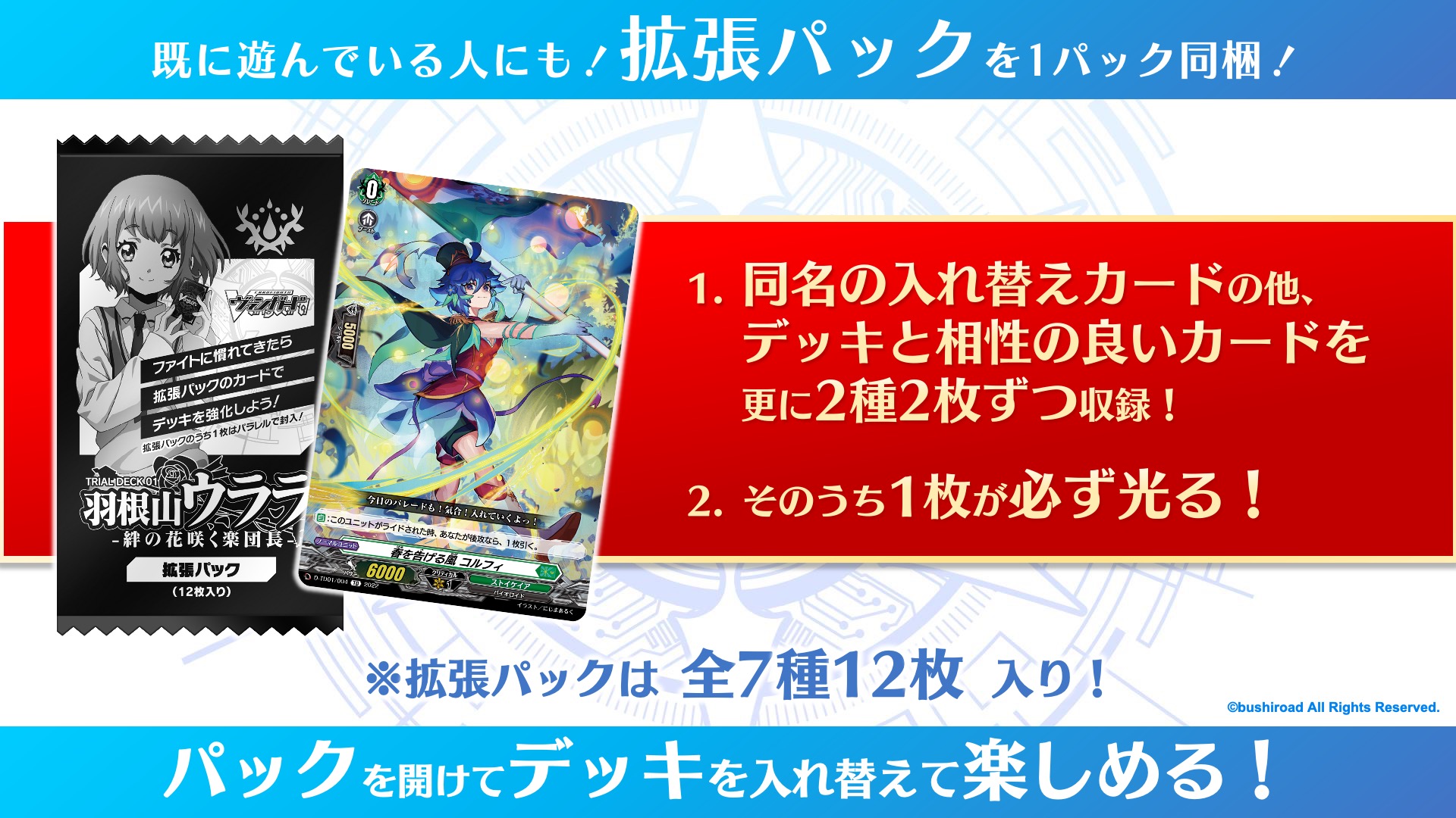 既に遊んでいる人のために12枚入りの拡張パックが同梱されており、デッキと入れ換えて遊べる