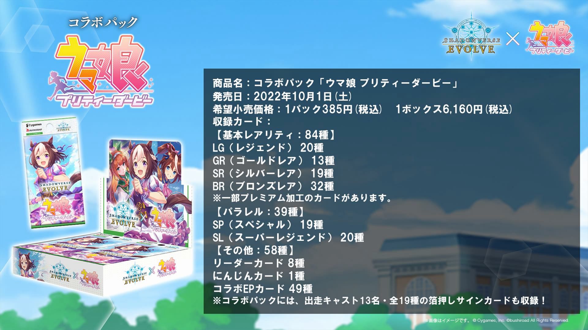 コラボパックの中身。コラボEPカードやにんじんカードも収録されているほか、出走キャスト13名・全19種の箔押しサインカードも収録される