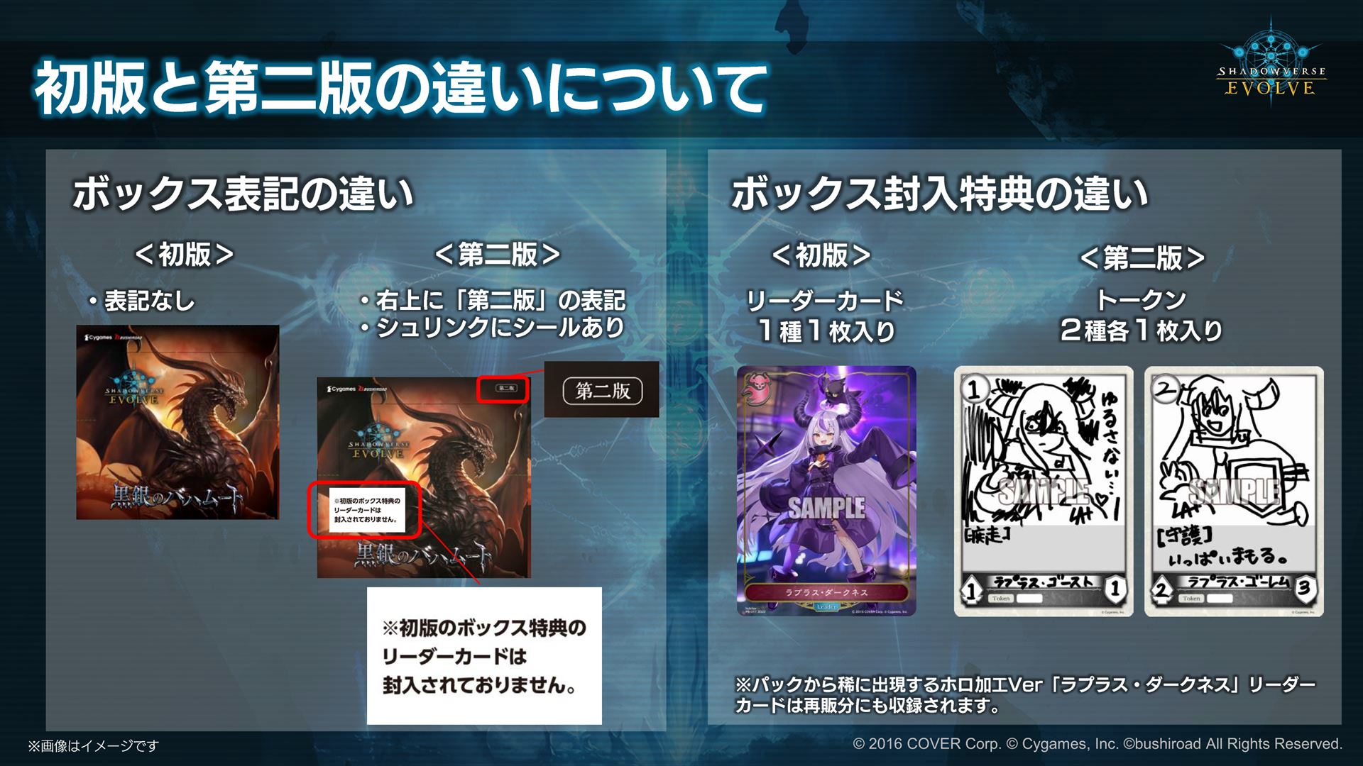 第2弾の初版と第二版のボックス表記の違い。初版にはラプラス・ダークネスのリーダーカードが1枚、ボックス特典として封入され、第二版にはリーダーカードの代わりに、ラプラス・ダークネスさんが描いた手書きトークン2種類1枚ずつが封入される