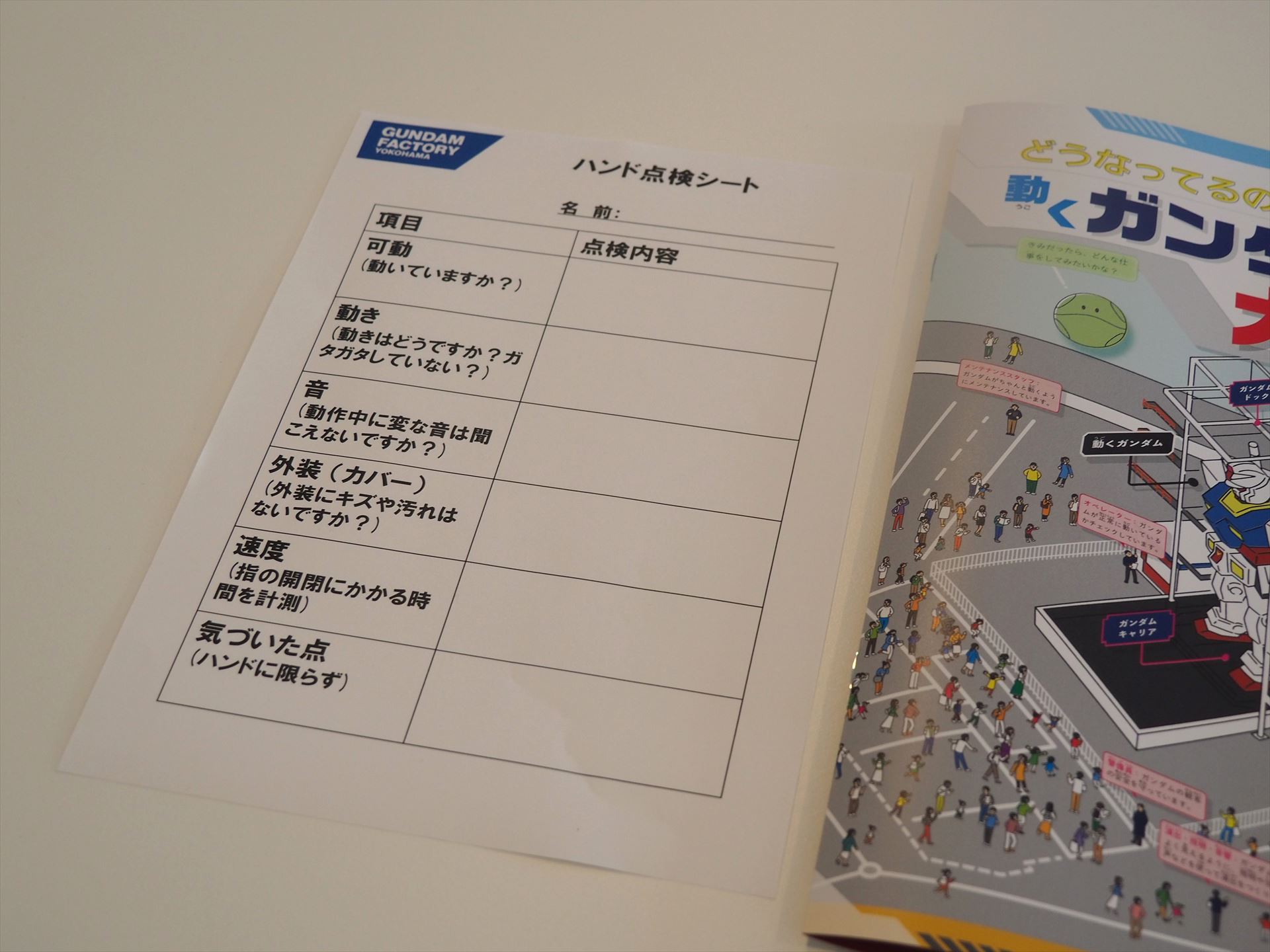 児童に配られたハンド点検シート。ハンドの動きを間近で見ながら、これらの項目をチェックし、シートに書き込む