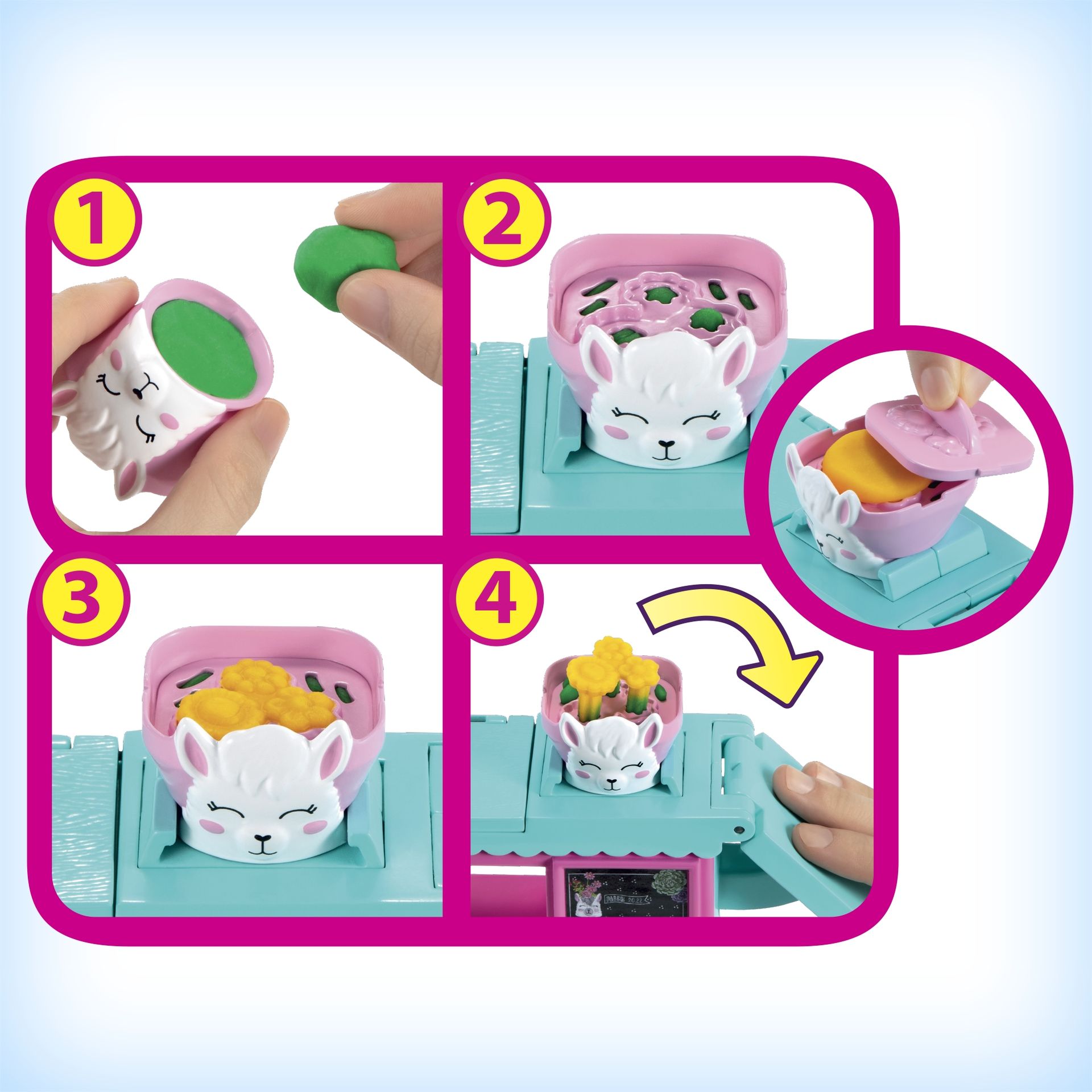 ラマの花びんにねんどを入れるとお花が現われる