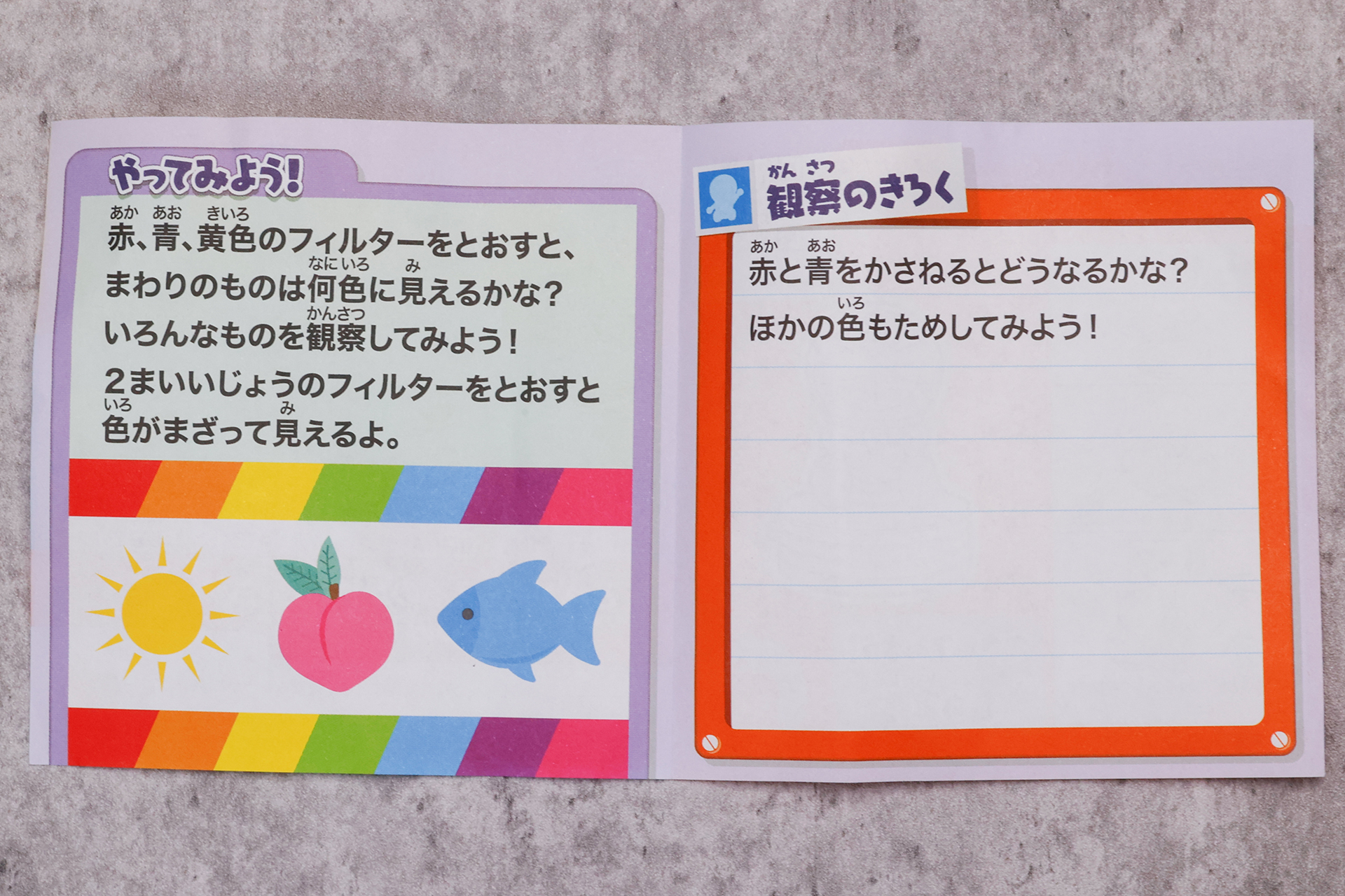 付属の説明書を開いたところ。こちらに描かれている絵が、フィルターを通すとどのように変化するか確かめてみよう
