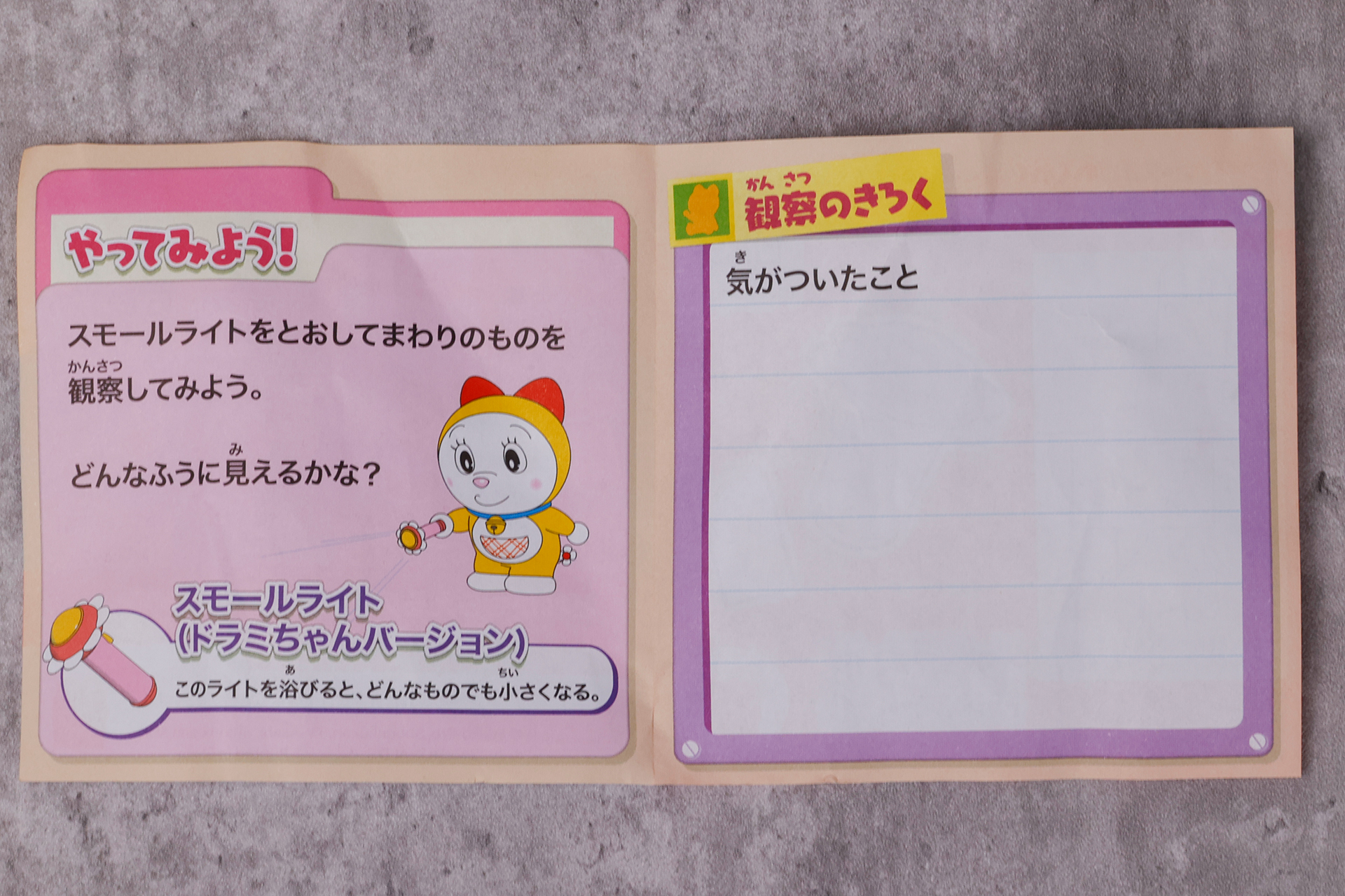 説明書を開いたところ。ひみつ道具のほうの「スモールライト」の紹介や、メモが書き込めるスペースが用意されている