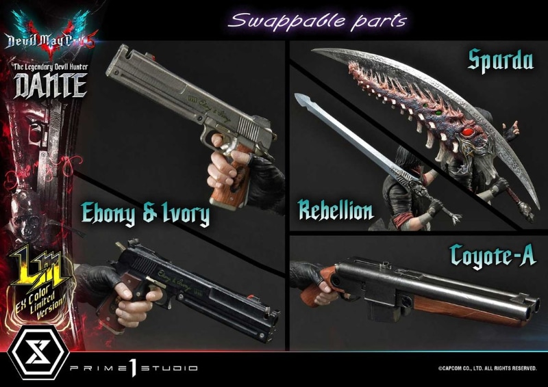 悪魔たちを退ける、おなじみの武器ももちろん付属。愛剣“リベリオン”、ハンドガン“エボニー＆アイボリー”、ショットガン“コヨーテA”、そして父の名を冠する”魔剣スパーダ“。究極最強のデビルハンターにふさわしい、ジャックポッド状態の豪華仕様となる