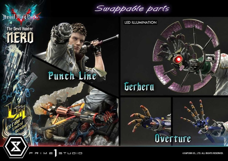 悪魔たちを駆逐する武器も豊富に付属。通常時・展開時が差し替えられる対悪魔用義手デビルブレイカー“オーバーチュア”、LEDライトアップ機能を搭載した“ガーベラ”とベースに接続し飛翔状態を再現した“パンチライン”