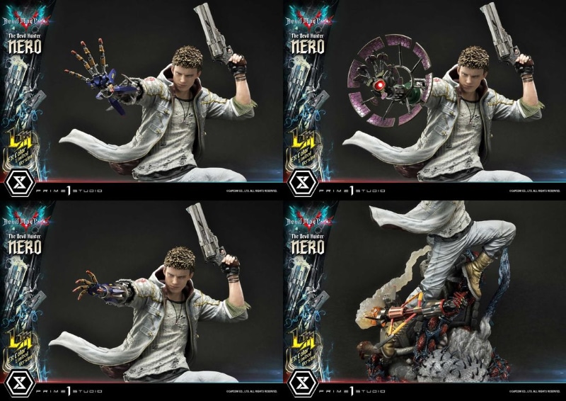 悪魔たちを駆逐する武器も豊富に付属。通常時・展開時が差し替えられる対悪魔用義手デビルブレイカー“オーバーチュア”、LEDライトアップ機能を搭載した“ガーベラ”とベースに接続し飛翔状態を再現した“パンチライン”