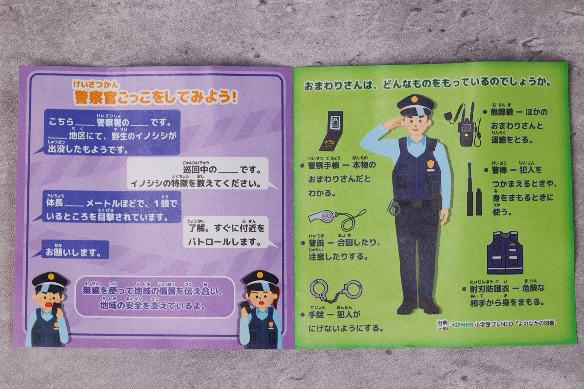 付属しているカードを開いたところ。おまわりさんが装備しているアイテムも紹介されている