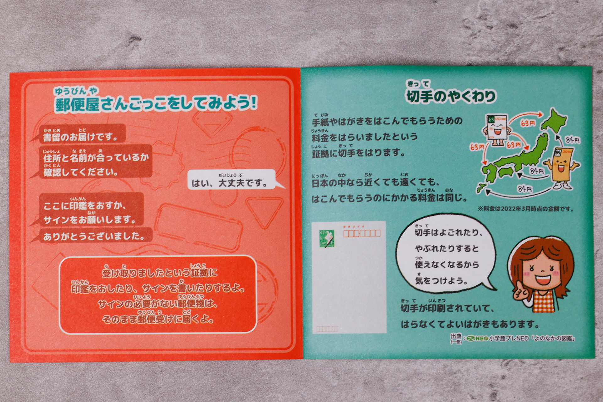 付属しているカードを開いたところ。「切手のやくわり」など、ちょっとした読み物も書かれている