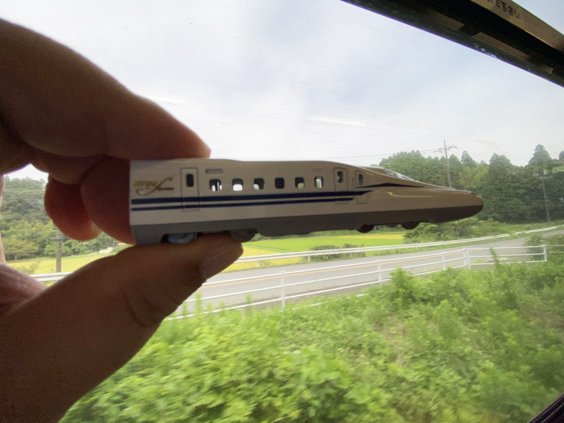 目の高さにリビングトレインを持ち上げるとさらにスピード感が高まる。いすみ鉄道の自然あふれる風景の中をリビングトレインが高速で走っているイメージになる