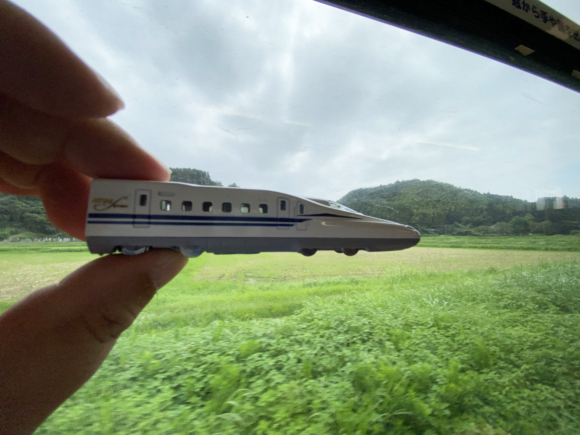 目の高さにリビングトレインを持ち上げるとさらにスピード感が高まる。いすみ鉄道の自然あふれる風景の中をリビングトレインが高速で走っているイメージになる