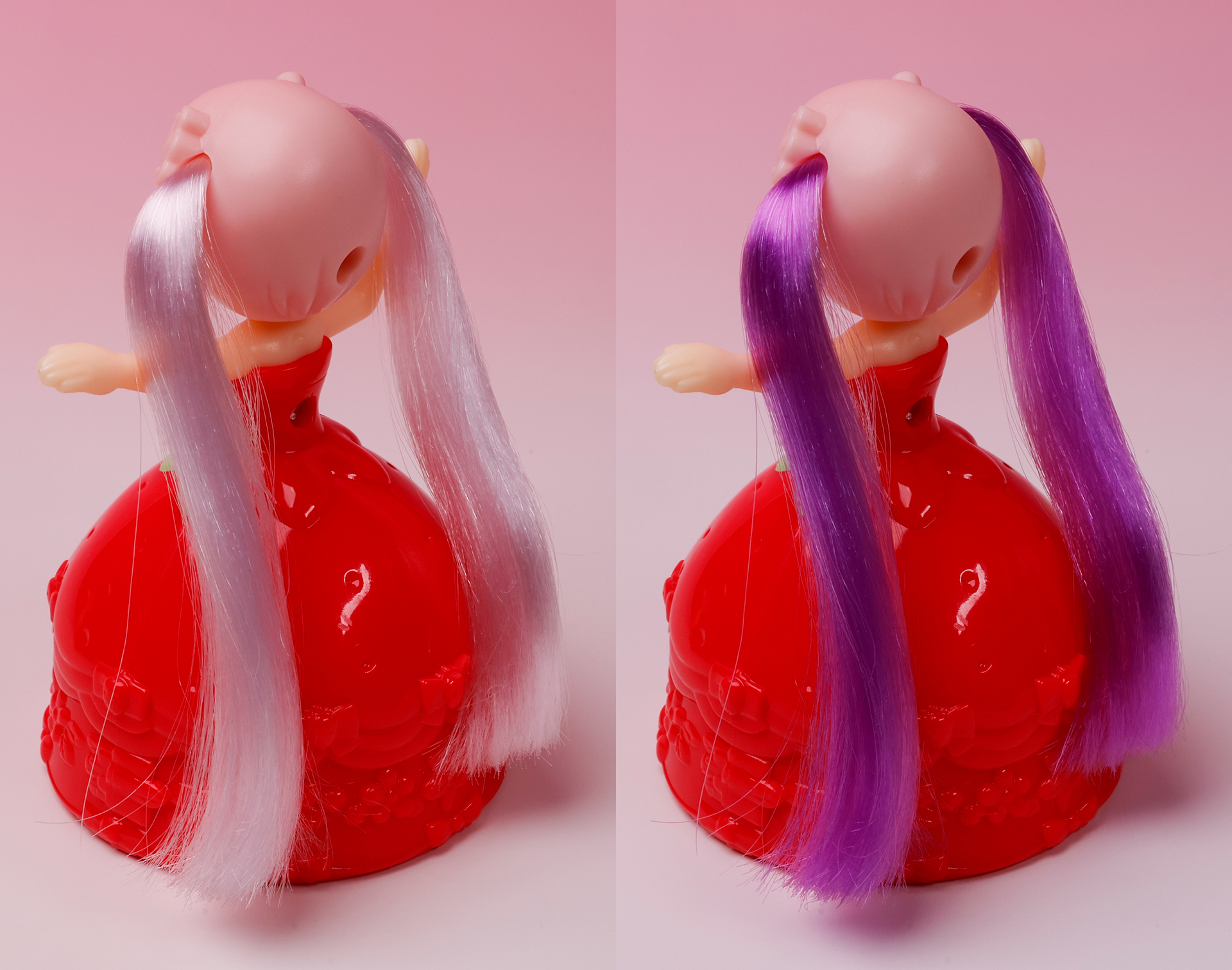 左が紫外線を当てる前で右が当てた後、ピンク色が驚きの紫色に変化！