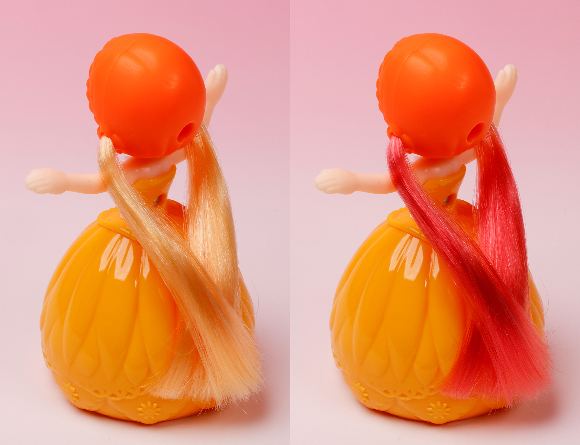 左が素の状態のリカちゃんの髪。右が紫外線を当てたところだ。金髪が濃いオレンジ色に変化している