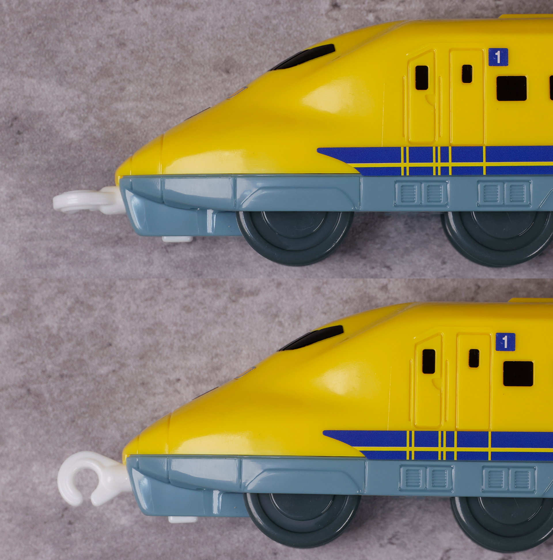 ほかの車両と連結するときは、連結用のパーツを出した後に90度回転させよう