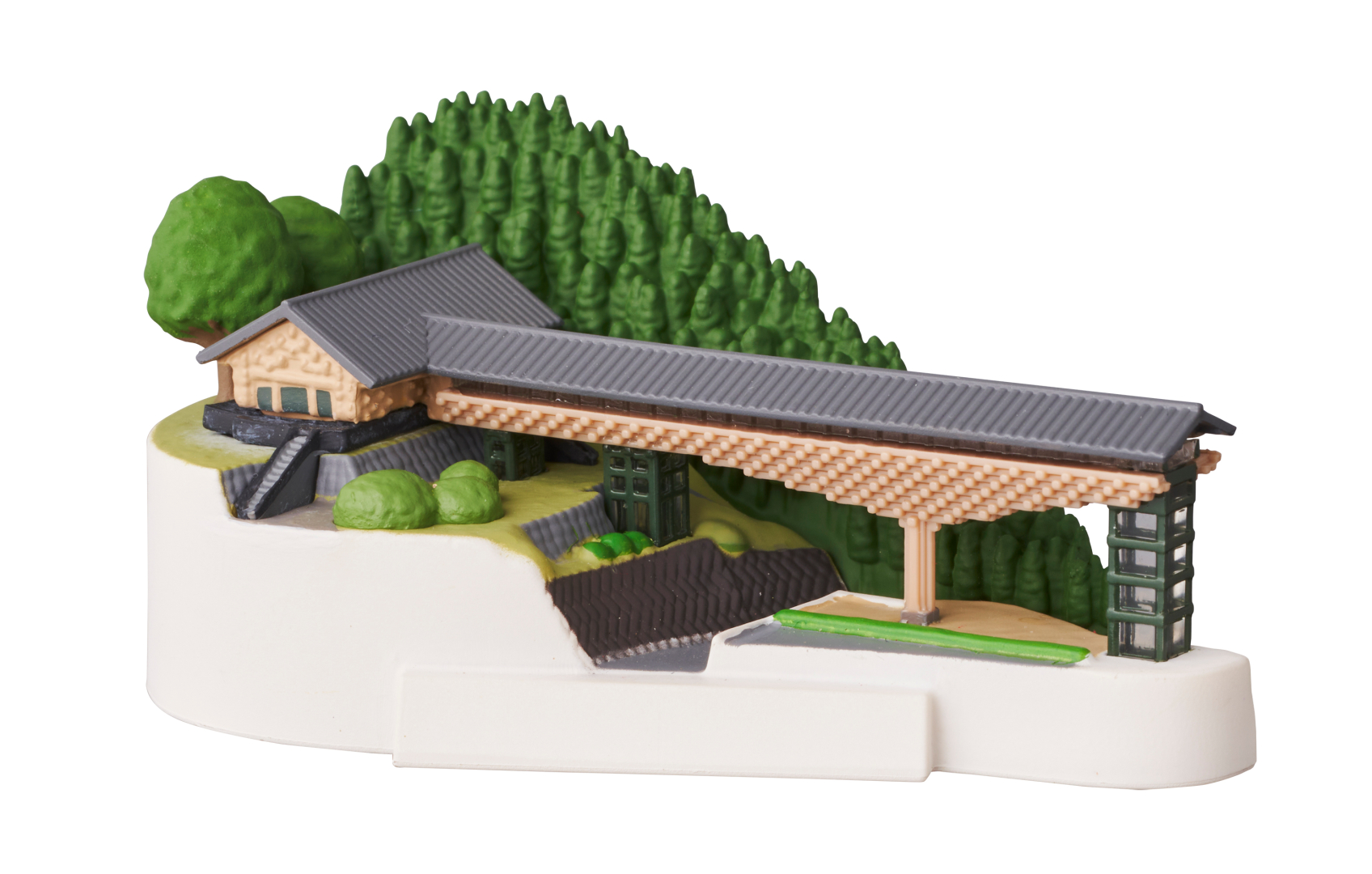 隈研吾氏（建築家）「木橋ミュージアム」<br>伝統的な架橋技術を現代に甦らせ、地域に根差す建築物のジオラマです。