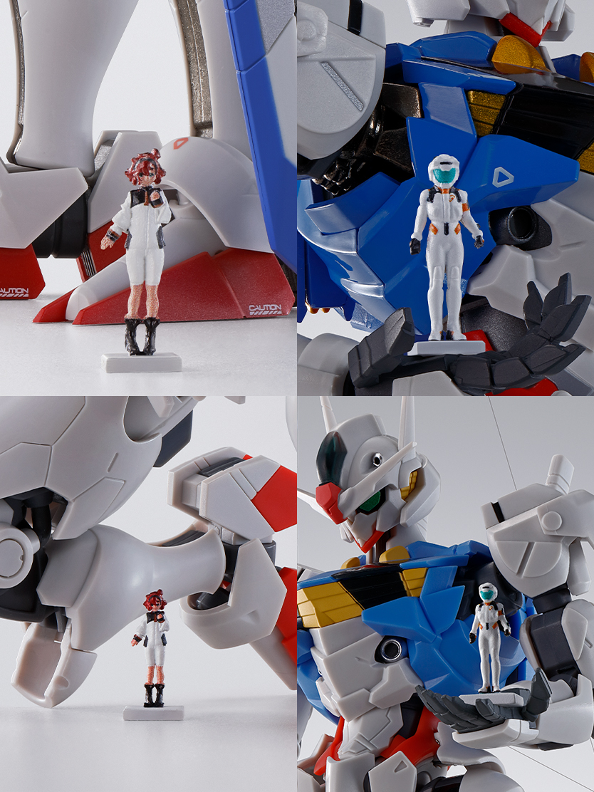 パイロットスーツ姿と制服姿のスレッタのミニフィギュアが大小2種ずつ計4つ付属。超合金やROBOT魂と絡めた展示が可能