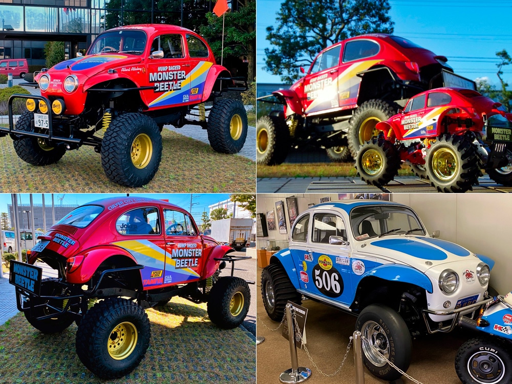 実車 モンスタービートルを展示。車両をタミヤが購入し、製作者である「ガレージ愛知」のカスタムによって色鮮やかなノーマル仕様に一新された