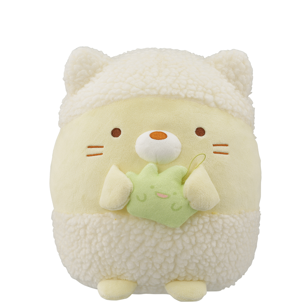 泡をまとった「ねこ」のぬいぐるみ。ざっそうデザインのスポンジも一緒に立体化されている