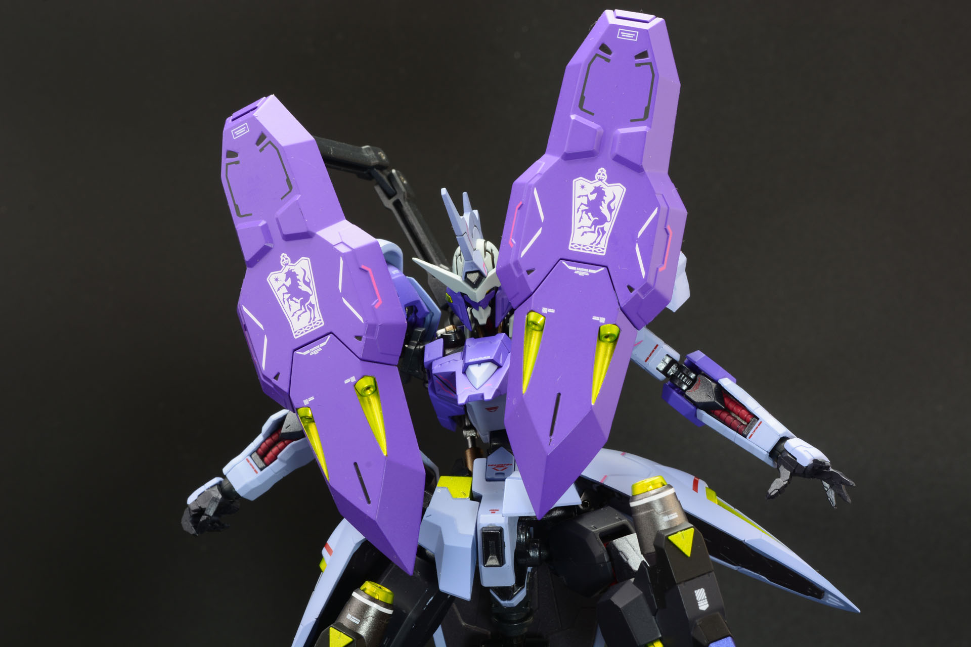 2本の細いアームがシールドをしっかり保持する。アームは可動部が多く様々な形でポーズを維持できるため、シールドで表情付けが可能。防御態勢や加速/制動のためのスラスター制御、翼のように拡げたり、さらには武器として相手に叩きつけるなど、想像力が刺激される