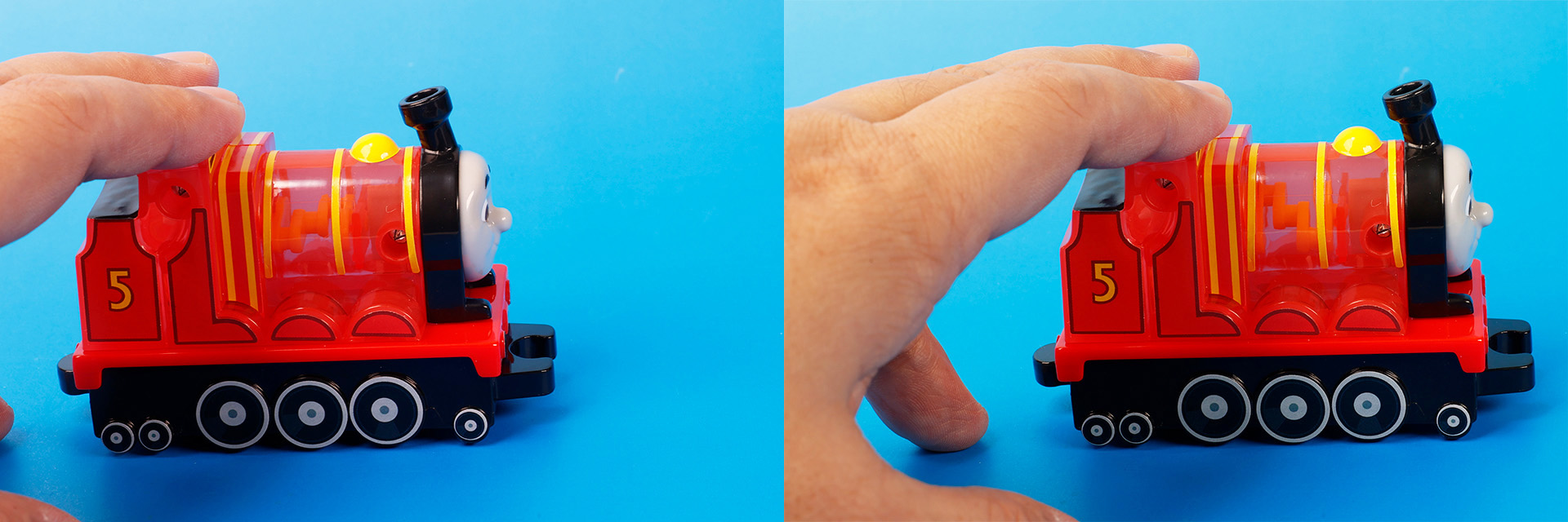 手で「ジェームス」を動かすと、中の仕組みが動く様子が見られる