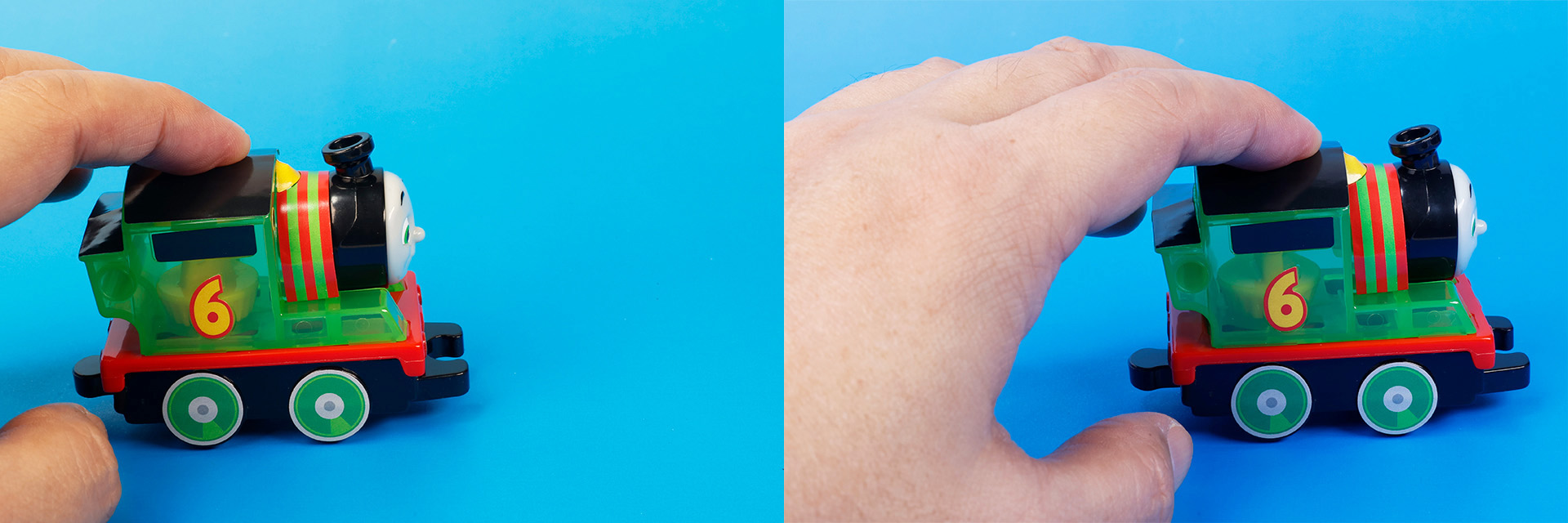 手で「パーシー」を動かして、中のパーツの動きを観察してみよう