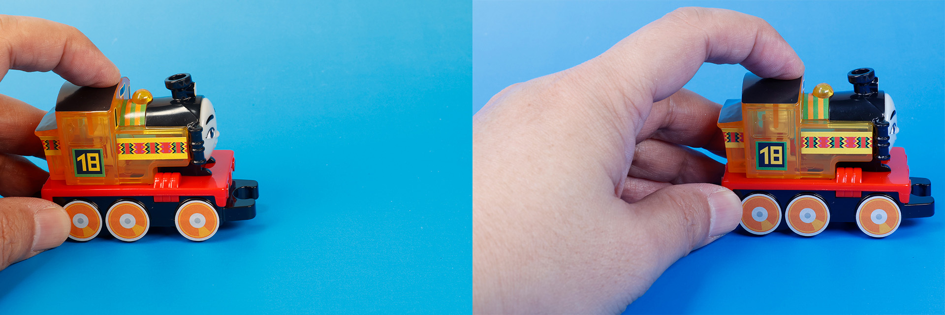 車輪の動きと連動して、中の歯車とピストンが動く仕組みだ