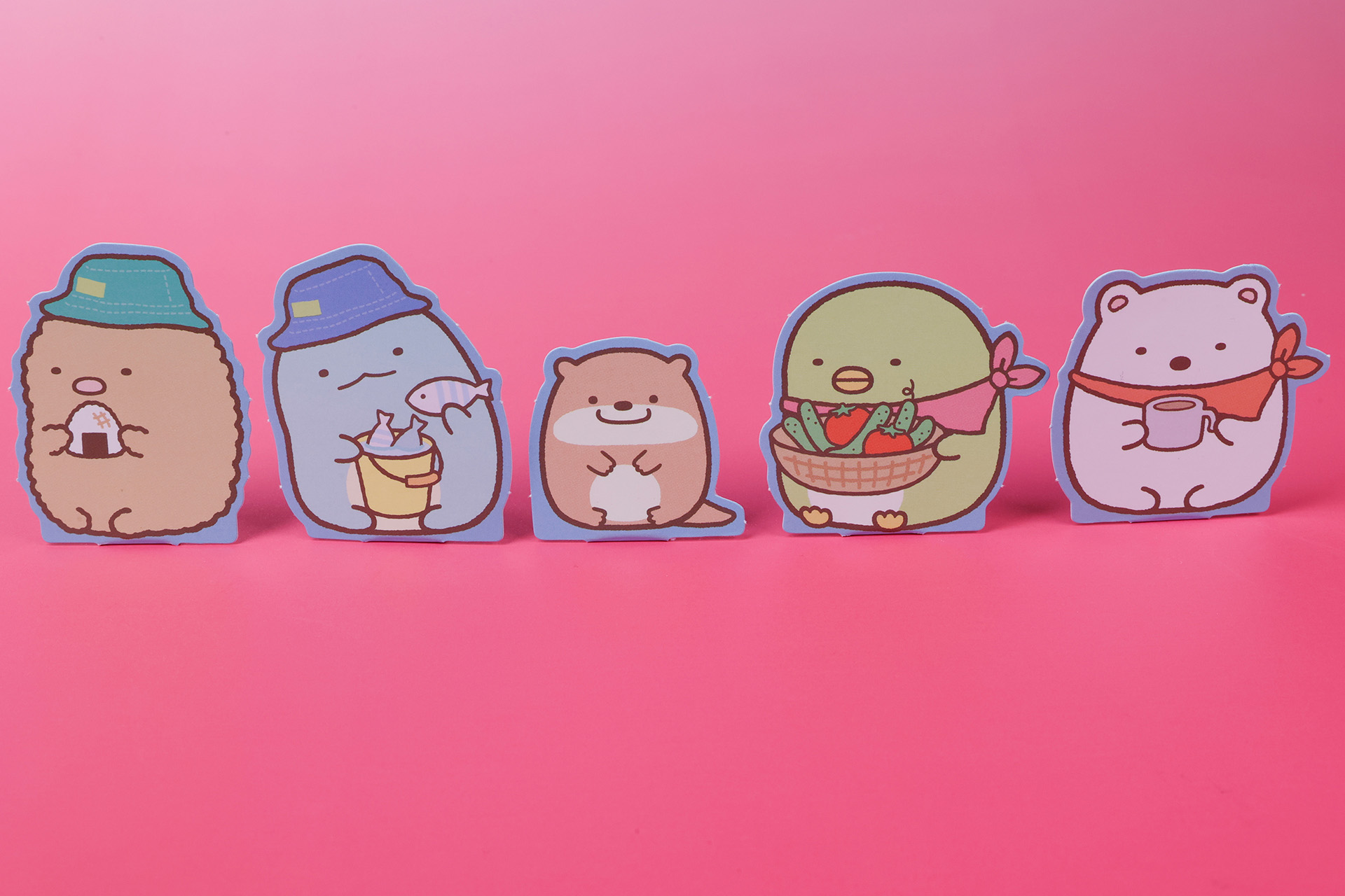 とんかつ、とかげ、かわうそ、ぺんぎん？、しろくまのキャラクターカードを並べたところ