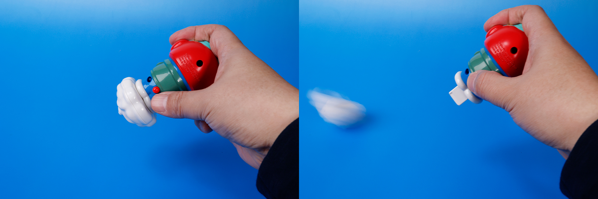 ドラえもんのしっぽを押すと、コマが飛び出して回転する