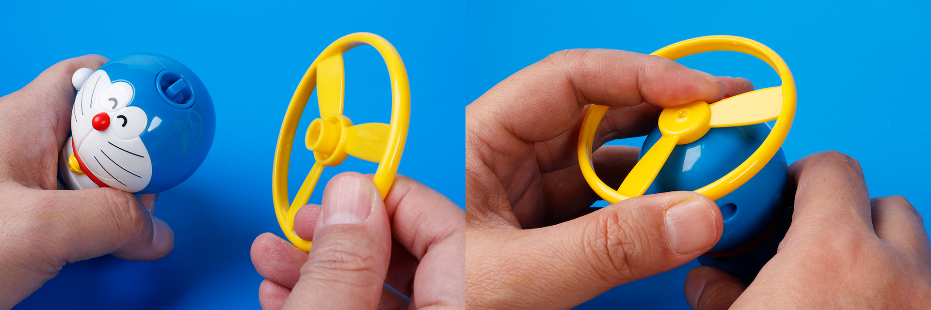 タケコプターをドラえもんの頭に取り付け、回転させる。このときに回しすぎるとおもちゃが壊れるので注意しよう