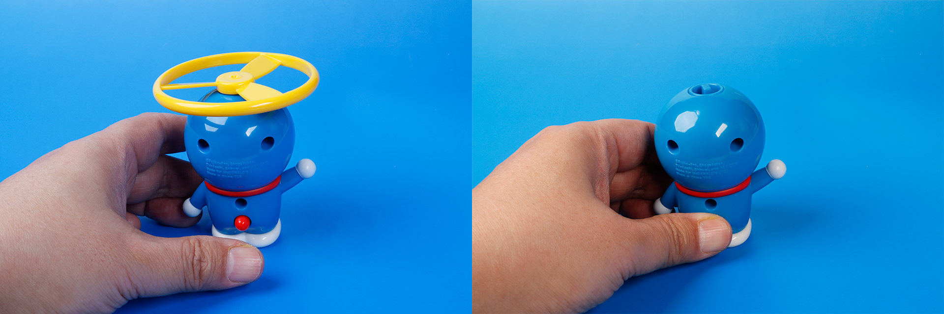 しっぽのボタンを押すと、タケコプターが勢いよく宙に飛んでいく