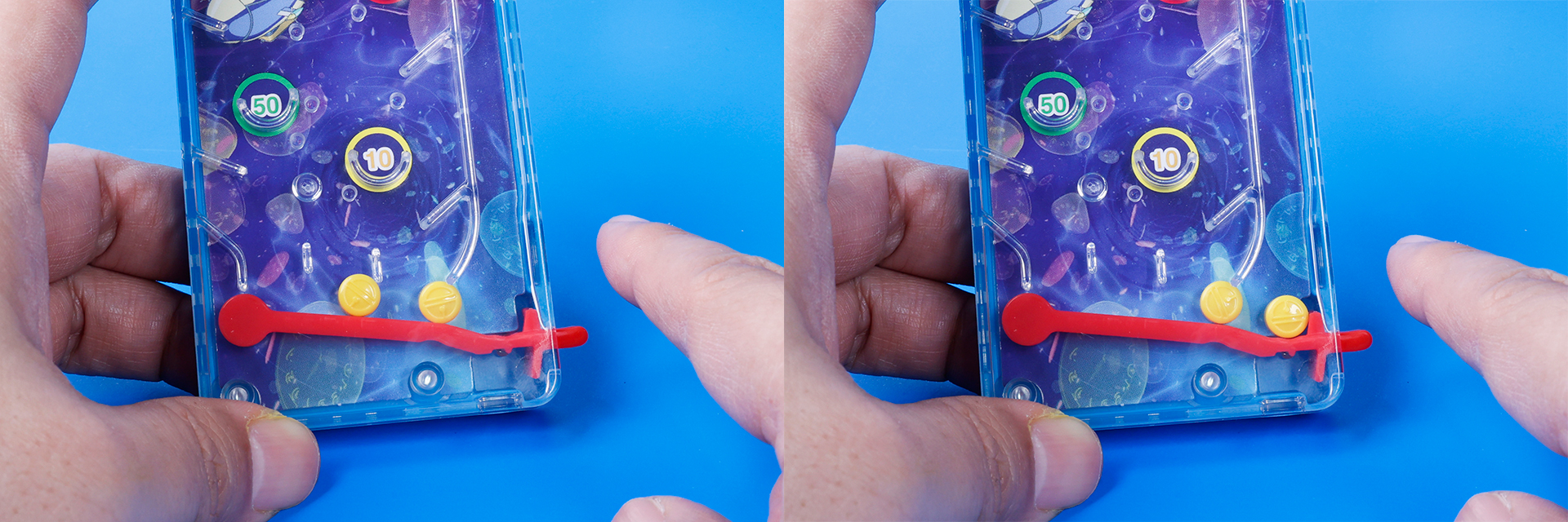 写真左のようにピンボールを下部に移動した後で、赤いレバーを押すと写真右のように、ひとつずつずれて弾きやすくなる