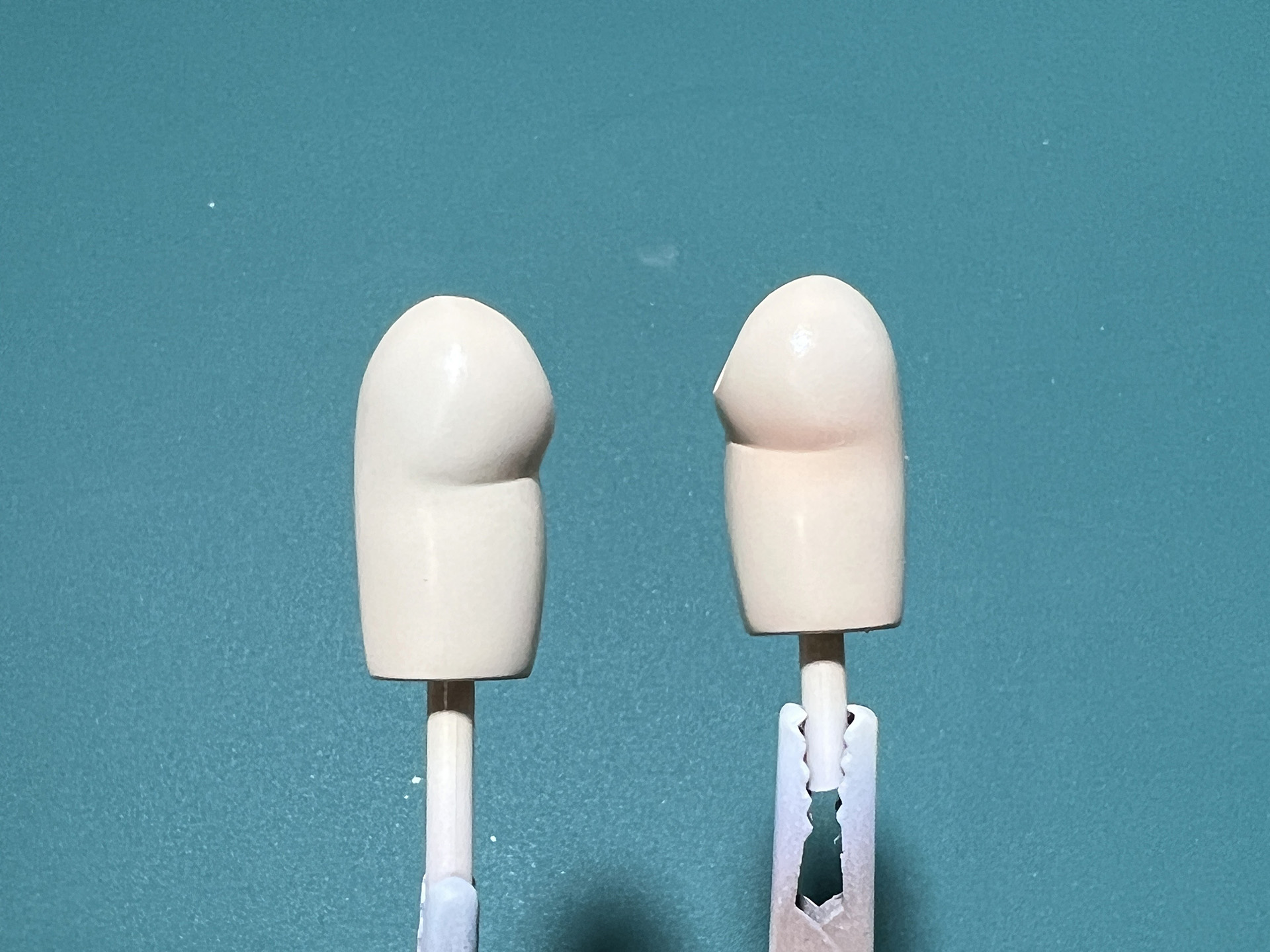 「クリアーペールレッド」でおしり周りを塗装したもの（右）。肉感の表現も上がる