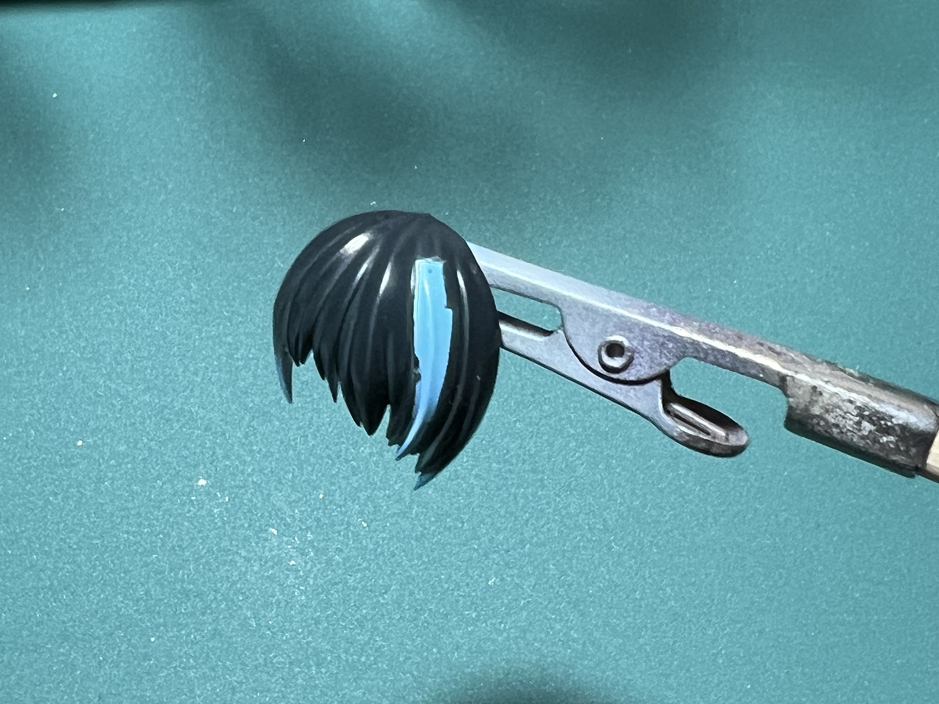 前髪部分はメッシュ表現を入れるためマスキング。「ネイビーブルー」は隠ぺい力があるので、薄く塗り重ねて毛先は残すイメージ