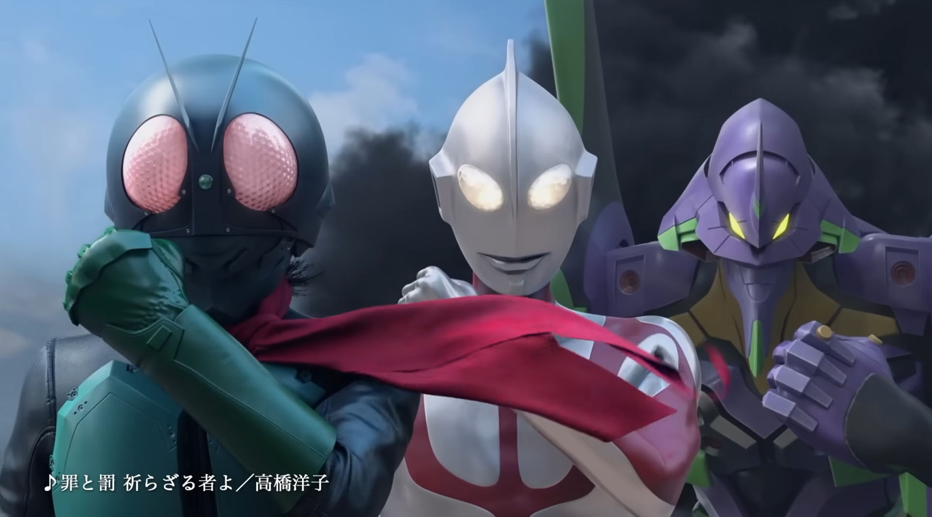 ゴジラの咆吼に、3ヒーローが拳を握る。本作の方向性がはっきりわかる構図だ